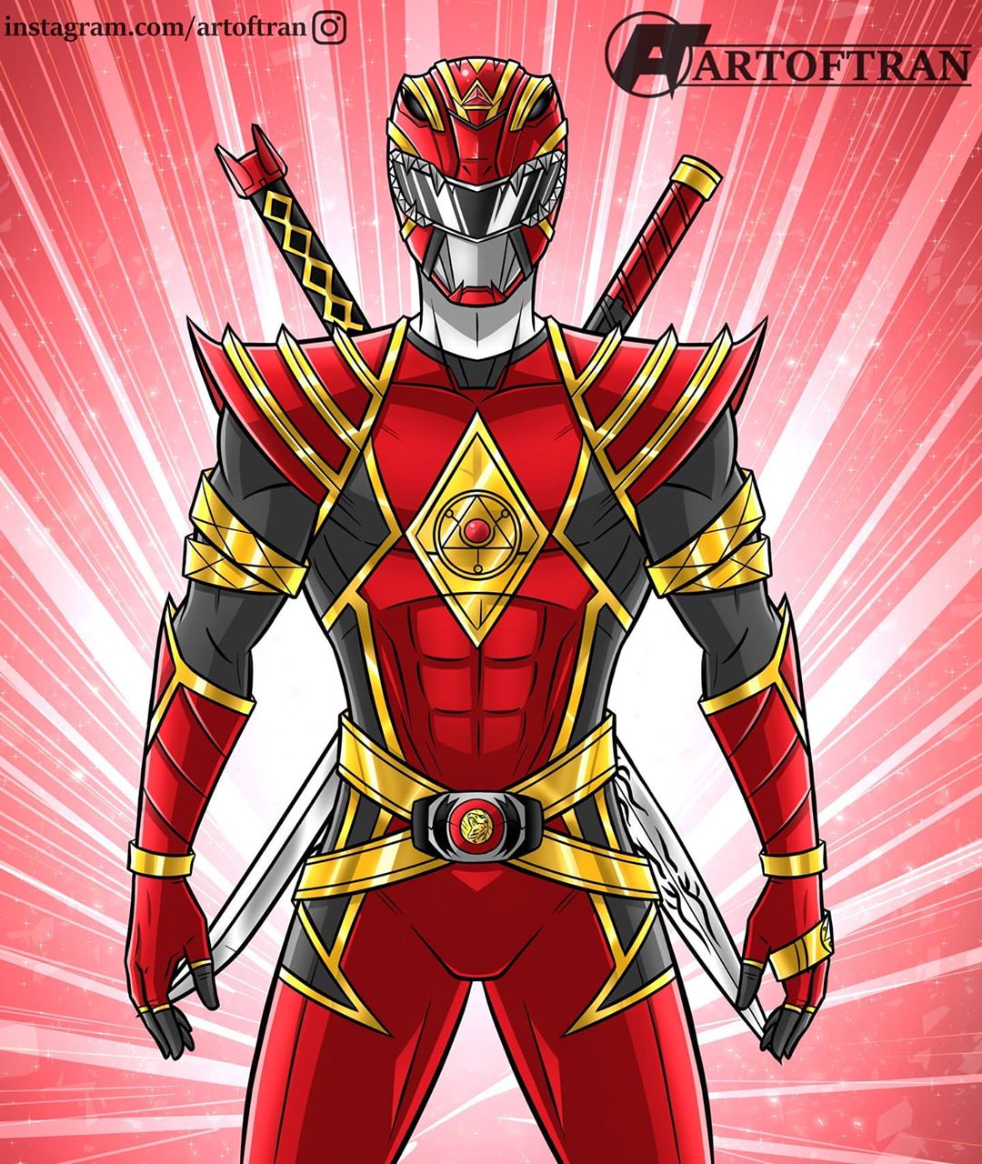 1boy armor artist_name artoftran belt belt_buckle bodysuit buckle dino_buckler helmet highres holding holding_behind_back holding_sword holding_sword_behind_back holding_weapon holding_weapon_behind_back instagram_username mighty_morphin_power_rangers mighty_morphin_red_ranger omega_red_ranger power_rangers power_rangers_(boom!_studios) red_background red_bodysuit red_helmet rocky_desantos saban_entertainment shoulder_armor signature sword tyranno_ranger watermark weapon weapon_on_back web_address