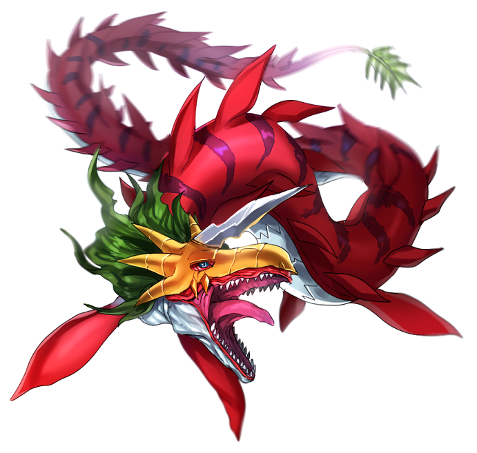 archived_source blue_eyes digimon digimon_(creature) fins horns katagiri_hachigou megaseadramon no_humans open_mouth sea_serpent sharp_teeth simple_background single_horn solo teeth white_background