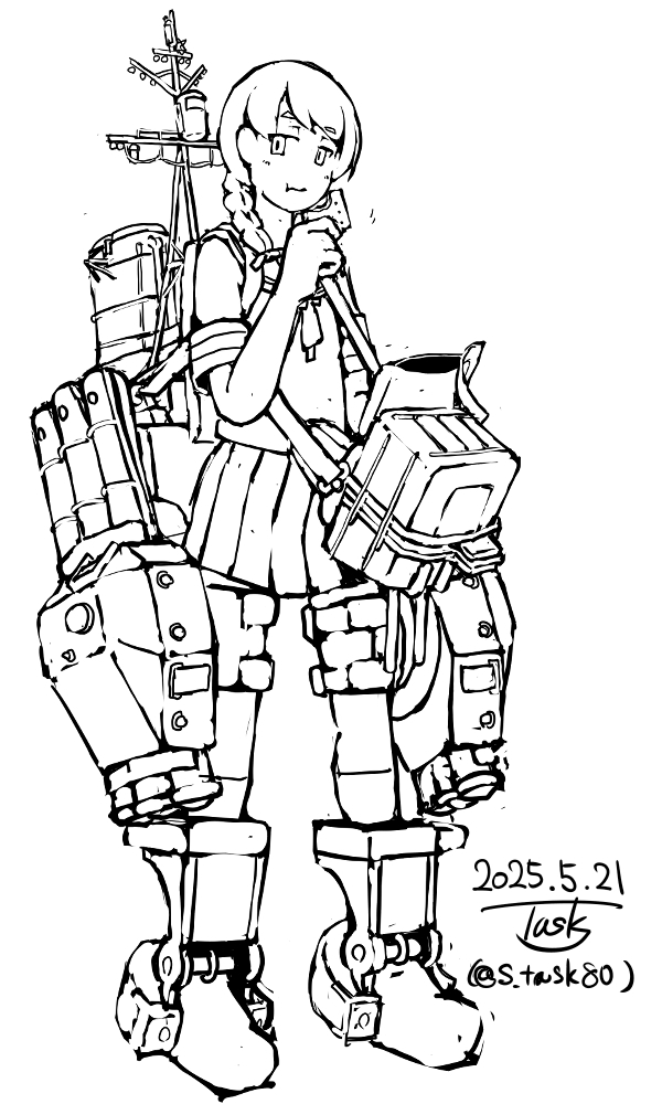 1girl artist_logo artist_name braid dated full_body hair_over_shoulder kantai_collection lineart logo machinery mast monochrome one-hour_drawing_challenge pleated_skirt sailor_collar sailor_shirt school_uniform serafuku shirt single_braid skirt solo standing task_(s_task80) torpedo_launcher twitter_username uranami_(kancolle)