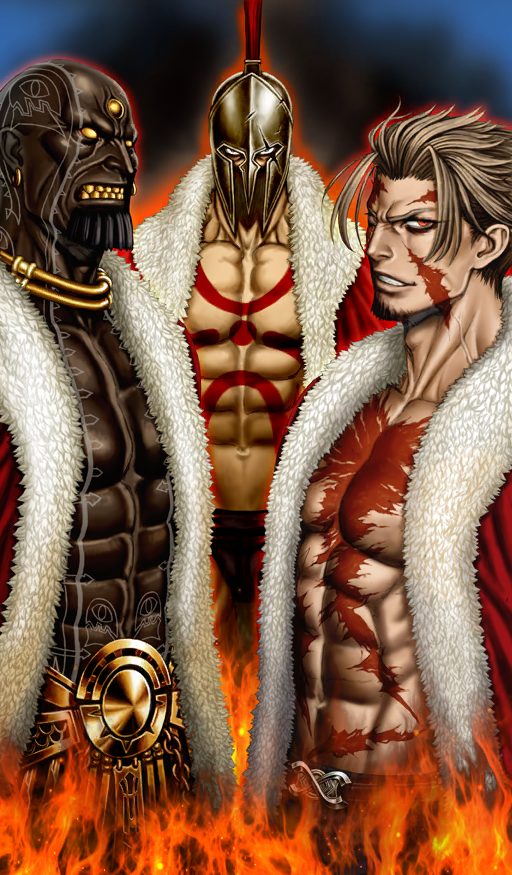 3boys abs bald belt belt_buckle beowulf_(fate) black_eyes black_facial_hair black_pants black_skin brown_facial_hair brown_hair buckle chest_tattoo clenched_teeth cloak colored_skin commentary curtained_hair darius_iii_(fate) earrings facial_hair facial_scar fate/grand_order fate_(series) fire full-body_tattoo fur-trimmed_cloak fur_trim glaring goatee gold_belt gold_earrings gold_necklace gold_teeth grin helmet jewelry leonidas_(fate) looking_at_viewer looking_to_the_side male_focus multiple_boys muscular muscular_male navel necklace no_eyebrows no_shirt official_alternate_costume official_art pants pectorals red_cloak red_eyes red_tattoo scar scar_on_cheek scar_on_chest scar_on_face scar_on_forehead short_hair smile solid_eyes tattoo teeth third-party_source third_eye tsukasa_jun v-shaped_eyebrows veins yellow_eyes