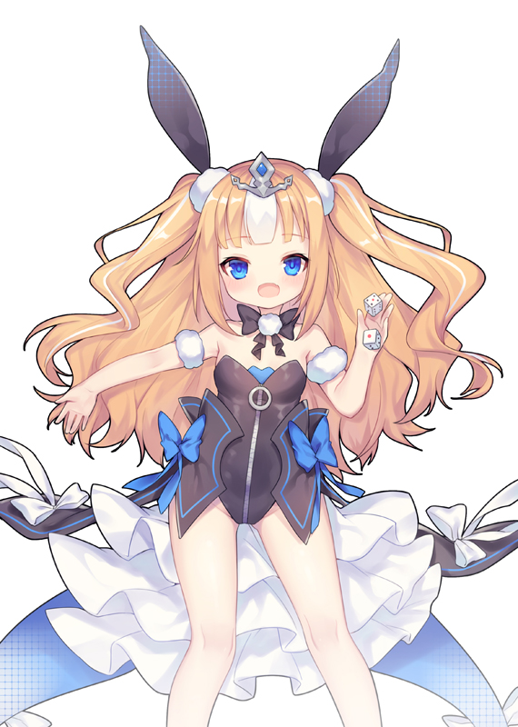 1girl :d ao_jun azur_lane bare_shoulders black_bow black_leotard black_ribbon blonde_hair blue_eyes blush bow dice female_focus full-length_zipper hair_ribbon holding holding_dice kalk_(azur_lane) leotard long_hair looking_at_viewer multicolored_hair open_mouth outstretched_arm ribbon simple_background smile solo strapless strapless_leotard streaked_hair tiara two_side_up very_long_hair white_background white_hair zipper