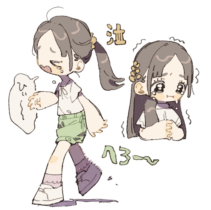 &gt;_&lt; 1girl ahoge black_eyes blush_stickers brown_hair chibi chibi_only closed_eyes cropped_torso crying from_side full_body gakuen_idolmaster green_shorts hands_up idolmaster interlocked_fingers kuramoto_china long_hair multiple_views nama_udon open_mouth own_hands_together pink_socks ponytail raised_eyebrows shaking shirt shoes short_sleeves shorts simple_background socks speech_bubble standing straight_hair tears translated upper_body walking white_background white_shirt white_shoes