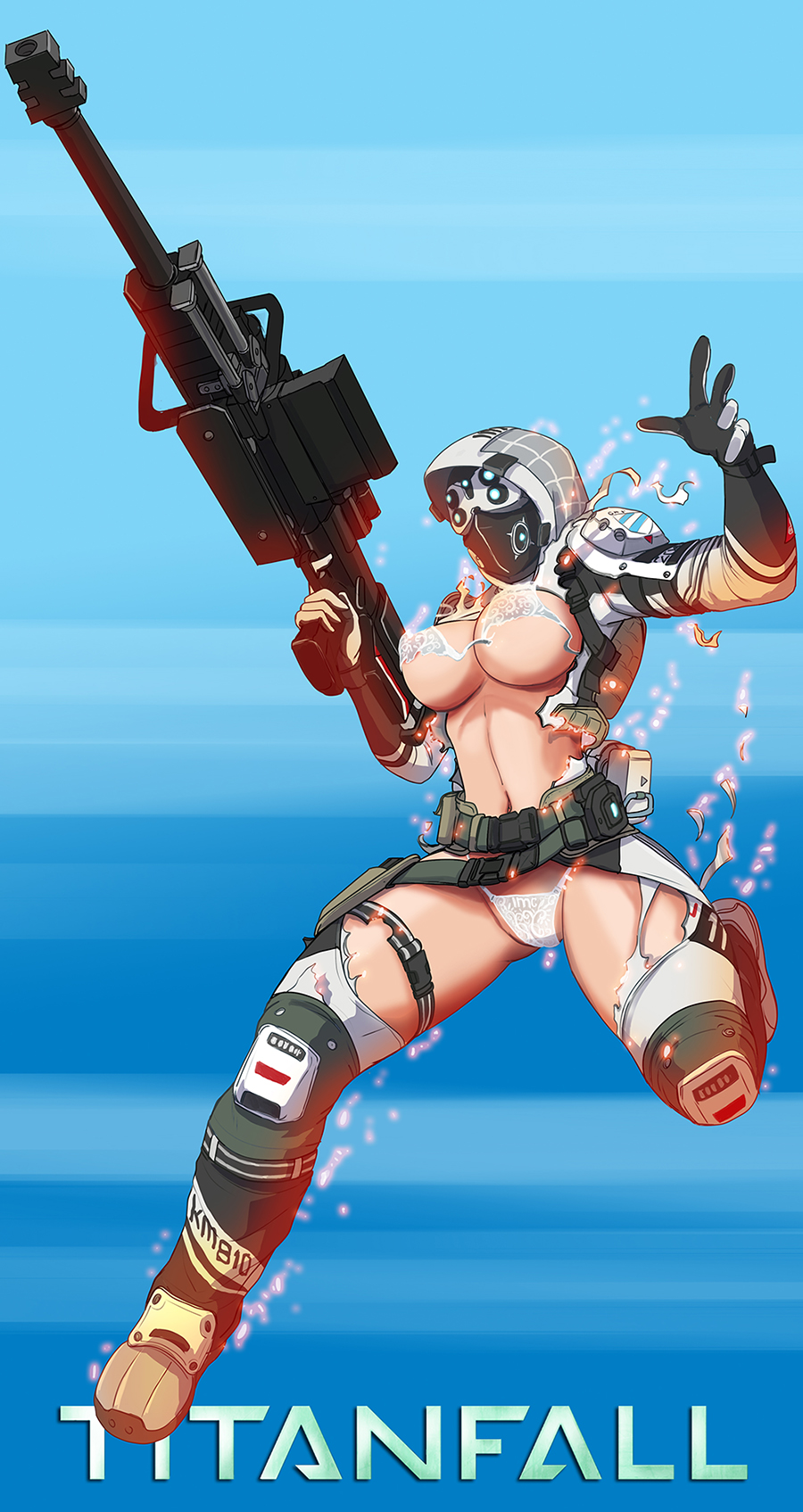 1girl anti-materiel_rifle armor bra breasts female_focus full_body gun head-mounted_display helmet highres hmage jumping large_breasts panties pilot rifle sniper_rifle solo titanfall titanfall_(series) torn_clothes underwear weapon