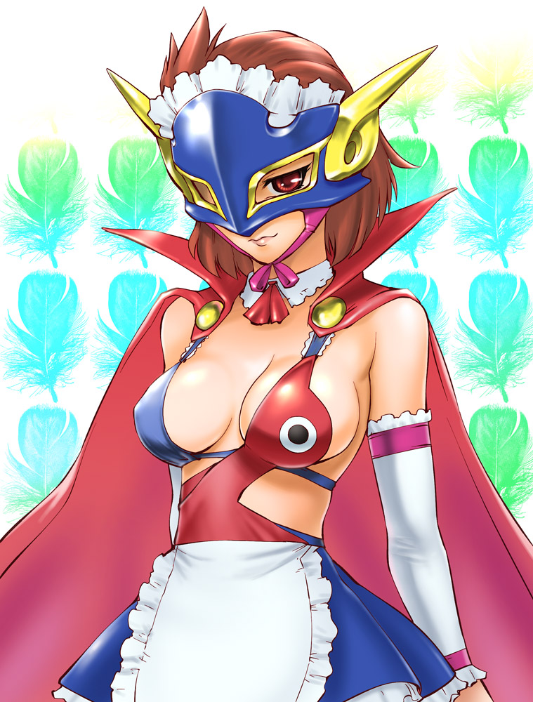 1girl adapted_costume brown_eyes brown_hair cape female_focus gender_request genderswap mask paaman perman perman_(series) perman_1 short_hair solo suwa_mitsuo ueyama_michirou