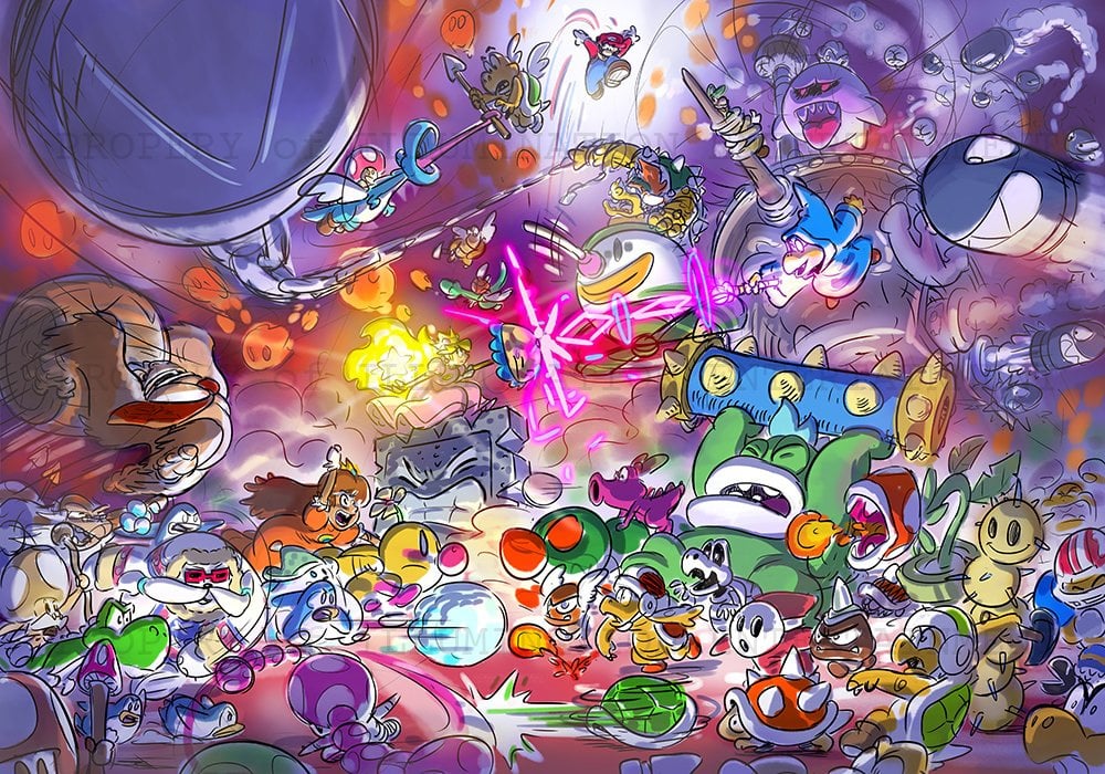 4girls 6+boys aircraft airship bad_source battle birdo boo_(mario) boom_boom bowser bullet_bill chain_chomp chargin&#039;_chuck concept_art cranky_kong donkey_kong donkey_kong_(series) dress dry_bones evil_grin evil_smile facial_hair fire fire_piranha_plant flying ghost goomba green_shell_(mario) grin hammer_bro horns jed_diffenderfer jumping king_boo koopa_clown_car koopa_paratroopa koopa_shell koopa_troopa lava_bubble looking_at_another luigi luigi&#039;s_mansion magikoopa mario mario_(series) multiple_boys multiple_girls mustache nintendo official_art orange_dress overalls paragoomba penguin_(mario) perry_(mario) pink_dress pokey_(mario) polearm princess_daisy princess_peach protected_link puffy_short_sleeves puffy_sleeves red_eyes red_hair riding shiverian_elder short_sleeves shy_guy smile spear spike_(mario) spike_top spiked_goomba spikes spiny super_star_(mario) the_super_mario_bros._movie thwomp tied_up_(nonsexual) toad_(mario) toadette toadsworth umbrella warp_pipe weapon wiggler wings yoshi