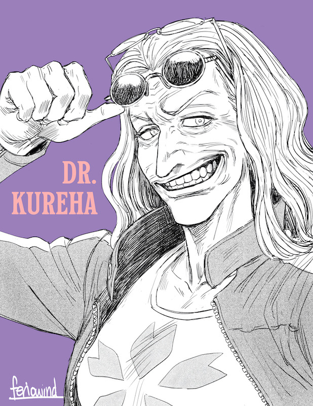 1girl artist_name character_name clenched_hand commentary dr._kureha eyewear_on_head feriowind glasses greyscale_with_colored_background jacket long_hair long_sleeves one_piece open_clothes open_jacket purple_background smile solo sunglasses teeth white_hair