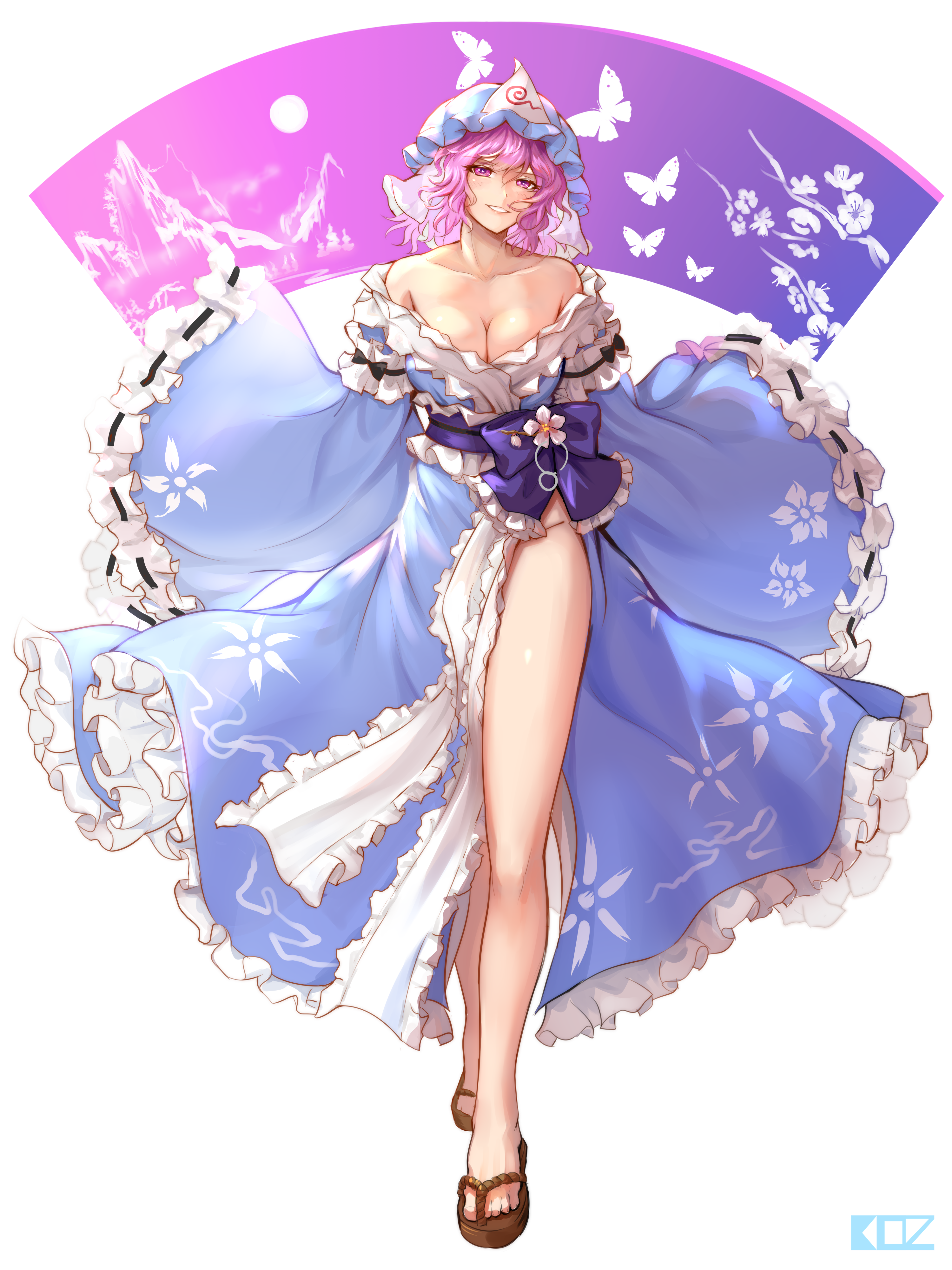 1girl absurdres artist_name bare_shoulders black_bow blue_hat blue_kimono bow breasts brown_sandals cleavage collarbone crossed_legs edz_drawz frilled_kimono frilled_sleeves frills full_body hat highres japanese_clothes kimono large_breasts long_sleeves looking_at_viewer medium_hair mob_cap obi off_shoulder pink_eyes pink_hair purple_sash saigyouji_yuyuko sandals sash side_slit simple_background sleeves_past_wrists smile solo standing tachi-e teeth touhou watson_cross wavy_hair white_background