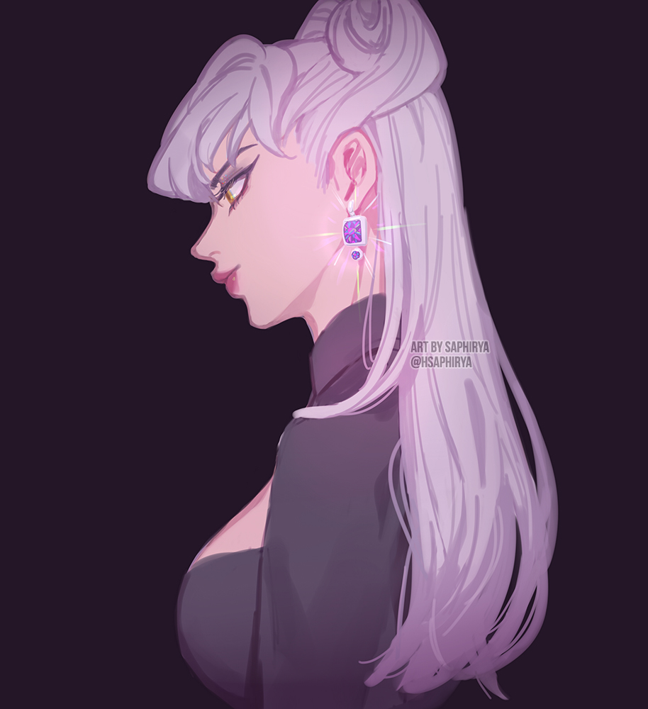 1girl black_dress breasts closed_mouth cone_hair_bun demon_girl dress earrings evelynn_(league_of_legends) from_side gem glint hair_bun jewelry k/da_(league_of_legends) k/da_all_out_evelynn league_of_legends long_hair medium_breasts purple_gemstone saphirya single_earring solo yellow_eyes