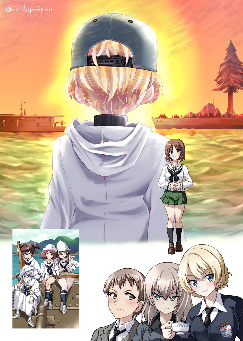 6+girls aircraft alternate_costume arm_around_neck baseball_cap black_neckerchief black_necktie black_socks blazer blonde_hair blouse blue_eyes blue_headwear blue_sweater blunt_bangs braid brown_eyes brown_footwear brown_hair closed_mouth coat commentary_request cup curly_hair darjeeling_(girls_und_panzer) day dixie_cup_hat dress_shirt emblem flint_(girls_und_panzer) freckles frown girls_und_panzer green_skirt grey_hair grey_jacket grey_shirt hat highres holding holding_cup holding_instrument holding_microphone hood hood_down hooded_coat horizon inoue_yoshihisa instrument interlocked_fingers itsumi_erika jacket kantele keizoku_school_ship kuromorimine_school_uniform loafers long_sleeves medium_hair microphone mika_(girls_und_panzer) mikko_(girls_und_panzer) military_hat miniskirt movie_poster multiple_girls music naomi_(girls_und_panzer) neckerchief necktie nishizumi_miho ocean on_vehicle ooarai_naval_school_uniform ooarai_school_uniform orange_sky outdoors own_hands_together playing_instrument pleated_skirt poster_parody red_hair rum_(girls_und_panzer) sailor sailor_collar saunders_school_uniform school_uniform serafuku ship shirt shoes short_hair short_twintails single_horizontal_stripe sitting skirt sky smile socks st._gloriana&#039;s_(emblem) st._gloriana&#039;s_school_uniform standing sunglasses sweater teacup textless_version tree twilight twin_braids twintails twitter_username v-neck vehicle_request very_short_hair watercraft white_coat white_footwear white_hair white_headwear white_sailor_collar white_shirt white_skirt wing_collar youko_(girls_und_panzer) zuikaku_(girls_und_panzer)