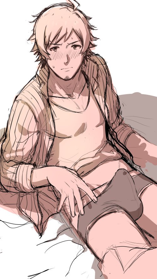 1boy blush bulge crotch hihumi idolmaster looking_at_viewer male_focus sitting solo sweat underwear