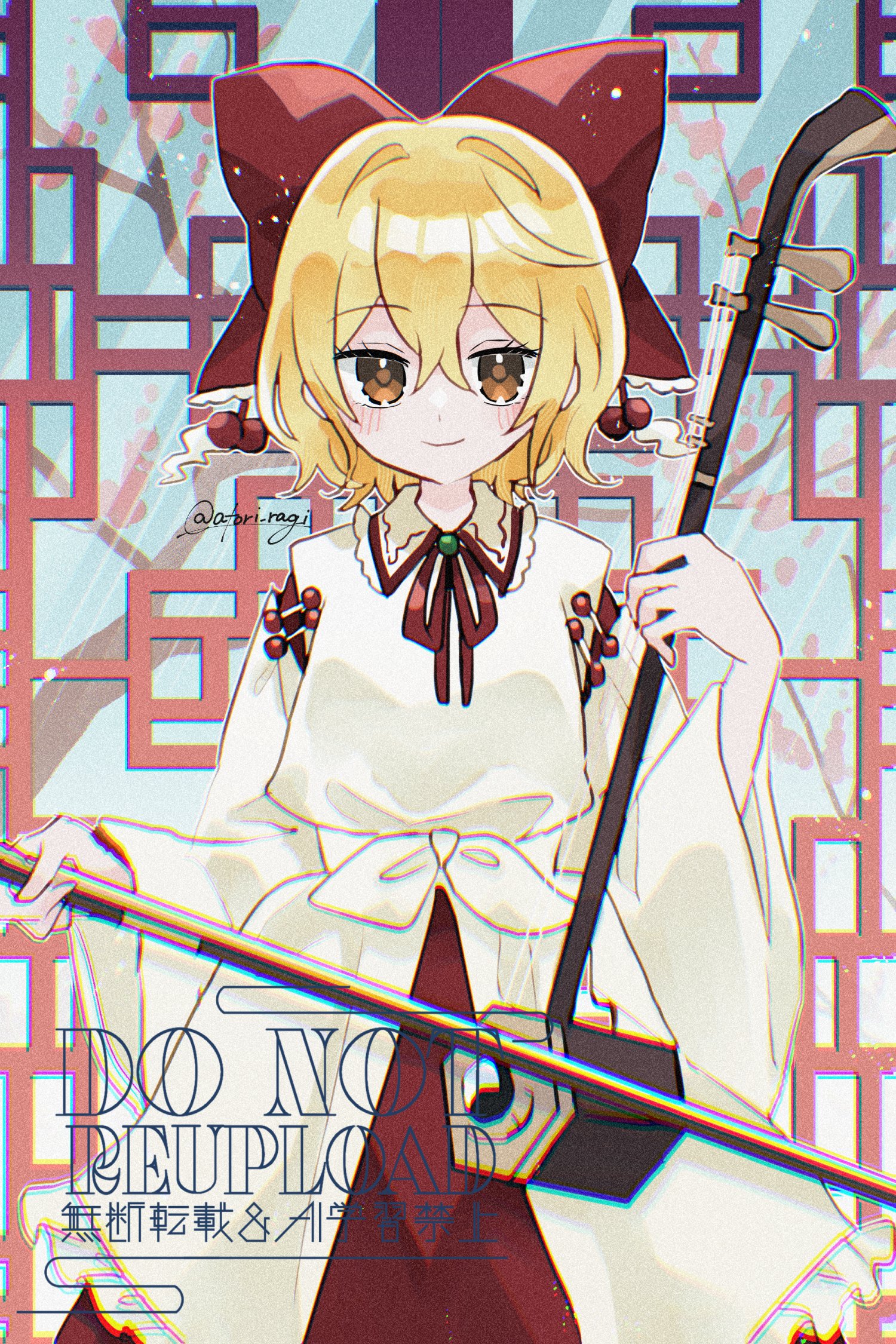 1girl blonde_hair blush bow bow_(music) brown_eyes closed_mouth commentary_request cowboy_shot erhu frilled_bow frills hair_between_eyes hair_bow highres holding holding_bow_(music) holding_erhu katsuragi_atori large_bow long_sleeves neck_ribbon red_bow red_skirt ribbon satsuki_rin shirt short_hair skirt smile solo straight-on touhou watermark white_shirt wide_sleeves