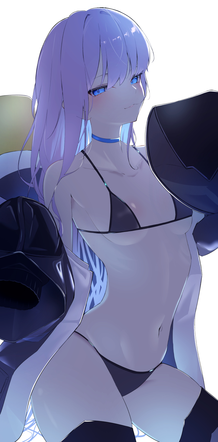 1girl animal_hood bare_shoulders bikini black_bikini black_jacket blue_eyes blush breasts choker fate/grand_order fate_(series) highres hood hooded_jacket jacket long_hair long_sleeves looking_at_viewer meltryllis meltryllis_(fate) meltryllis_(swimsuit_lancer)_(fate) meltryllis_(swimsuit_lancer)_(first_ascension)_(fate) off_shoulder penguin_hood prosthesis prosthetic_leg purple_hair revision sleeves_past_fingers sleeves_past_wrists small_breasts smile solo swimsuit thighs umi_endu very_long_hair