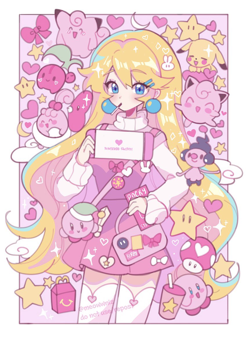 1girl alternate_costume bag blonde_hair blue_eyes bob-omb border bow box character_bag cherubi clefairy commentary cowboy_shot crescent earrings english_commentary english_text eyelashes food food_in_mouth game_freak gen_1_pokemon gen_3_pokemon gen_4_pokemon hair_ornament hairclip handbag handheld_game_console happiny happy_meal heart holding holding_bag holding_box holding_handheld_game_console jewelry jigglypuff kirby kirby_(series) light_blush long_hair long_sleeves looking_at_viewer luvdisc mario_(series) mcdonald&#039;s meowwniz mime_jr. miniskirt nintendo nintendo_switch outside_border pikachu pink_background pink_bag pink_bow pink_shirt pink_skirt pleated_skirt pocky pocky_in_mouth pokemon pokemon_(creature) princess_peach rabbit_hair_ornament shirt shoulder_bag simple_background skirt skirt_set sleeveless sleeveless_shirt sleeves_past_wrists solo sparkle sphere_earrings star_(symbol) super_mushroom super_star_(mario) sweater sword_kirby thighhighs turtleneck turtleneck_sweater twitter_username very_long_hair white_border white_bow white_sleeves white_sweater white_thighhighs zettai_ryouiki