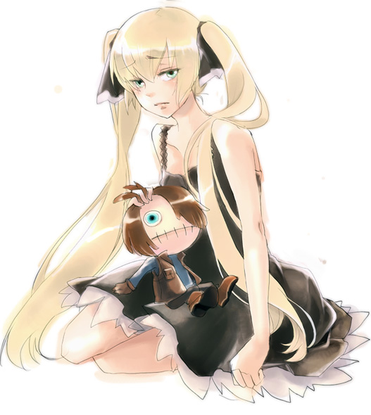 1girl aqua_eyes bare_shoulders black_dress brown_hair chuck_(shaman_king) collarbone doll dress grabbing_another&#039;s_hair hair_over_one_eye lepta long_hair marion_phauna sad shaman_king very_long_hair white_background