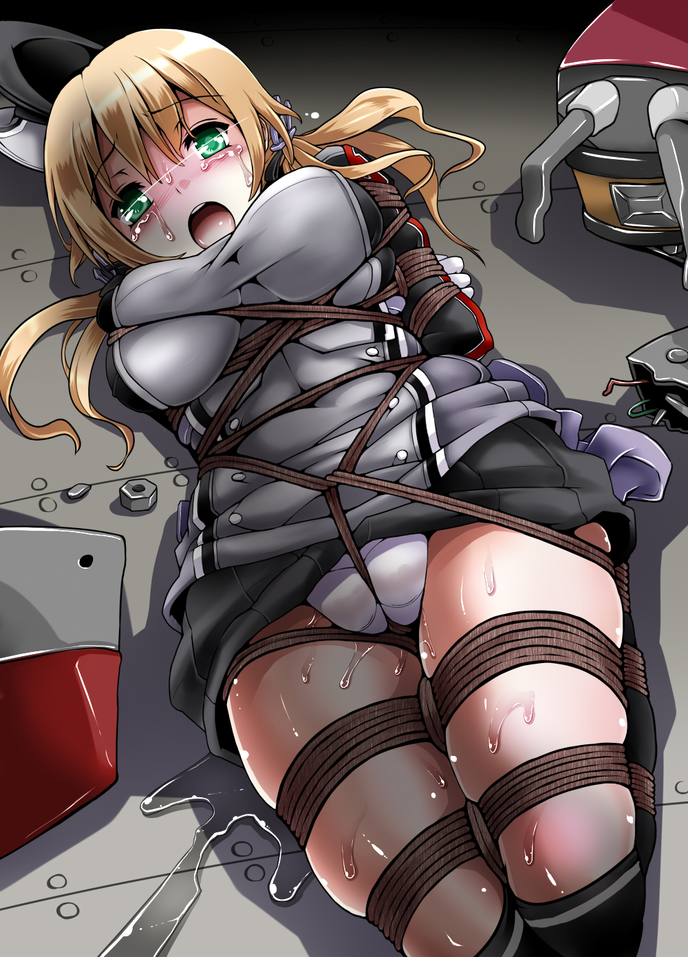 1girl arms_behind_back bdsm black_thighhighs blonde_hair blush bondage bound bound_ankles bound_arms bound_legs bound_torso breasts cameltoe cleft_of_venus clothes clothes_lift clothes_pull crotch_rope crying crying_with_eyes_open dress dress_lift dress_pull embarrassed female_focus full_body gloves green_eyes ground hair_between_eyes hair_ornament hat highres kantai_collection kinbaku large_breasts lilish long_hair looking_ahead looking_at_another looking_at_viewer looking_up lying metal_floor military_uniform on_back on_ground open_mouth panties pantyshot pelvic_curtain prinz_eugen_(kancolle) pussy rope rope_bondage scrunchie shibari shibari_over_clothes skindentation solo solo_focus sweat sweatdrop tearing_up tears teeth thighhighs thighs twintails underwear white_gloves white_panties