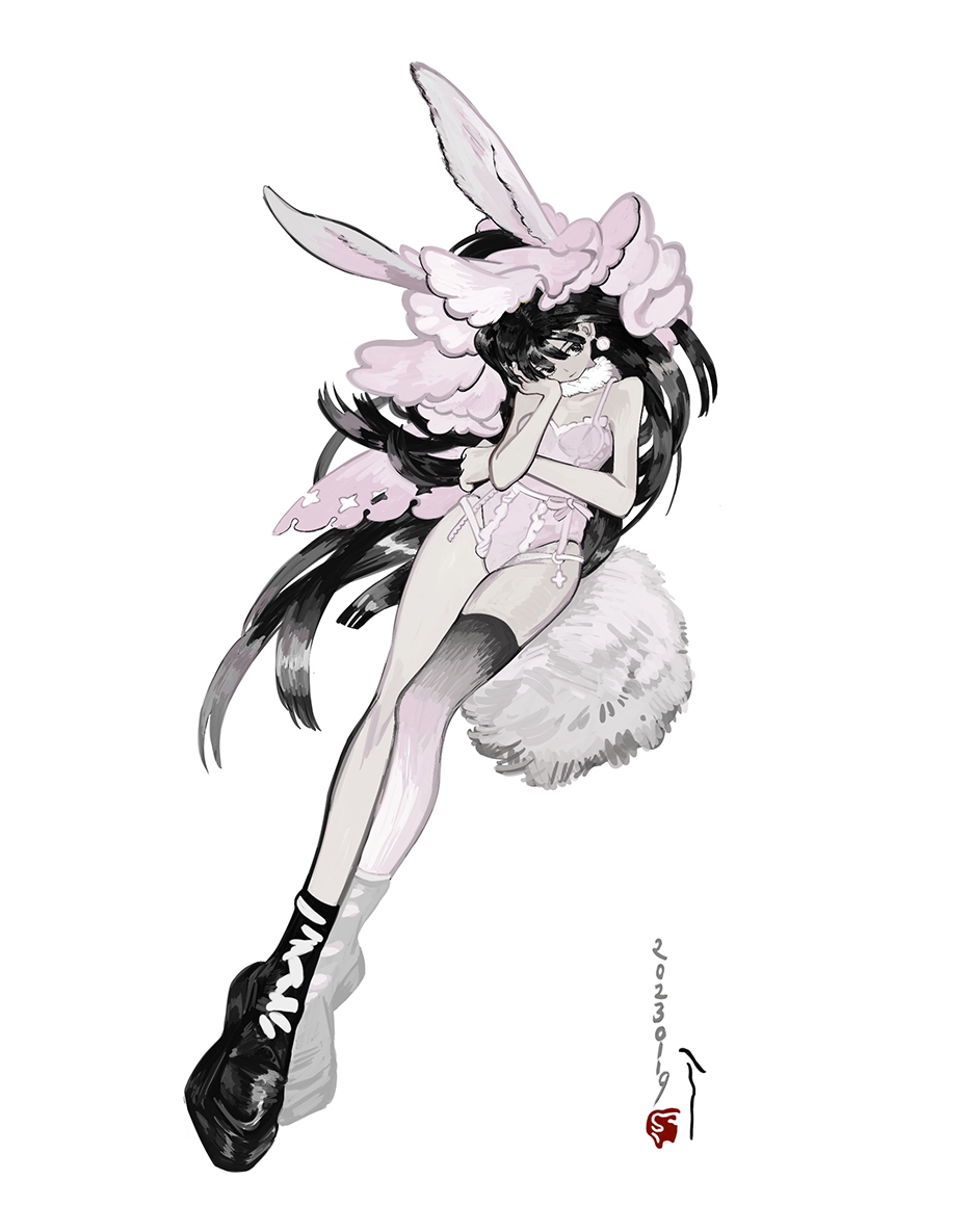 1girl animal_ears black_boots black_hair boots bra breasts commentary dated earrings english_commentary full_body goincircles hand_on_own_cheek hand_on_own_face hand_up jewelry lingerie long_hair looking_to_the_side original panties pom_pom_(clothes) pom_pom_earrings rabbit_ears rabbit_tail simple_background solo tail underwear very_long_hair white_background white_bra white_panties