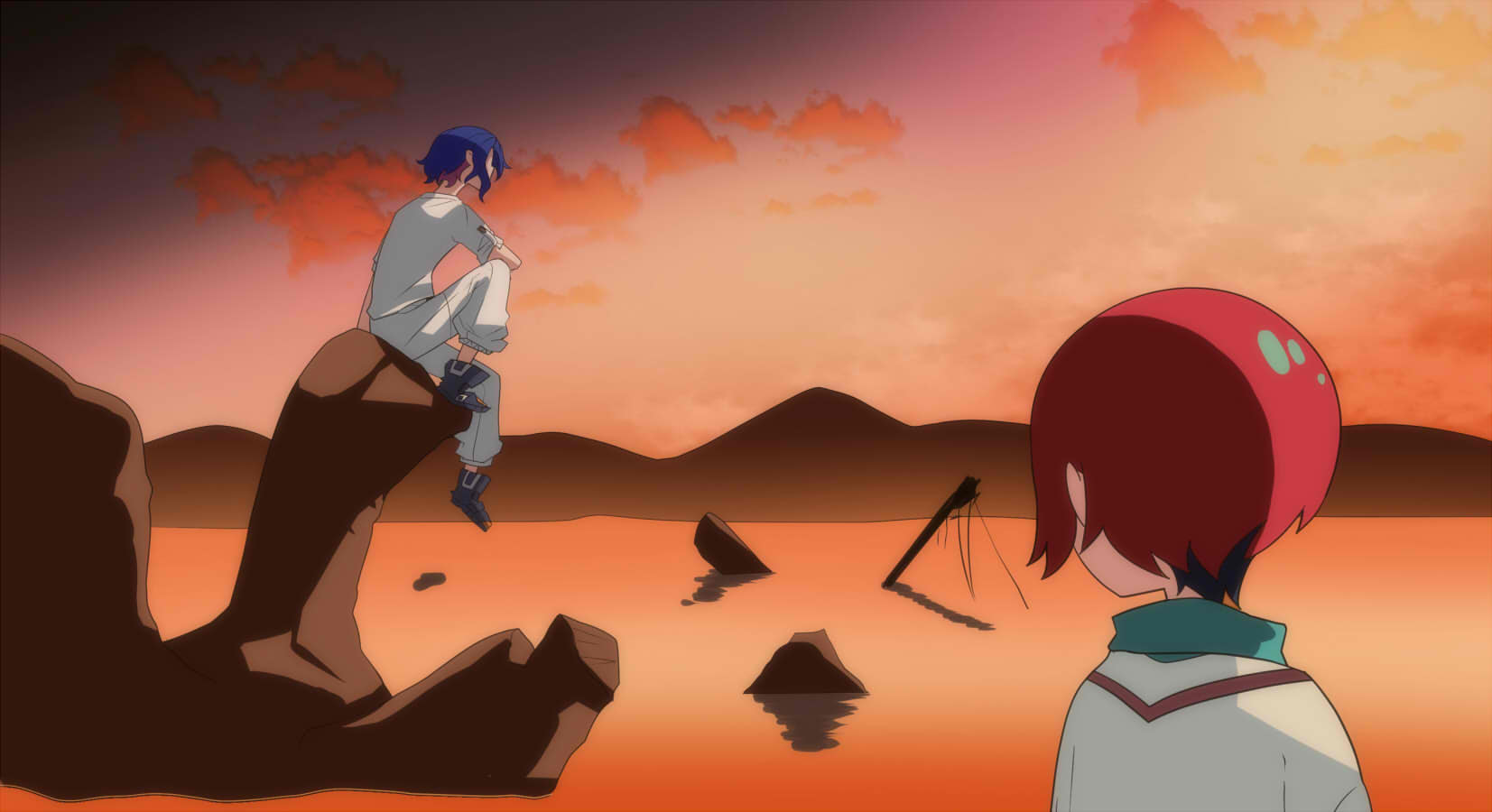 1boy 1girl amate_yuzuriha blue_hair creator_connection gundam gundam_gquuuuuux highres long_sleeves looking_at_another multicolored_hair nabeiro_kin neon_genesis_evangelion pants purple_hair red_hair red_ocean red_water school_uniform science_fiction shirt short_hair shuji_ito sitting sweater