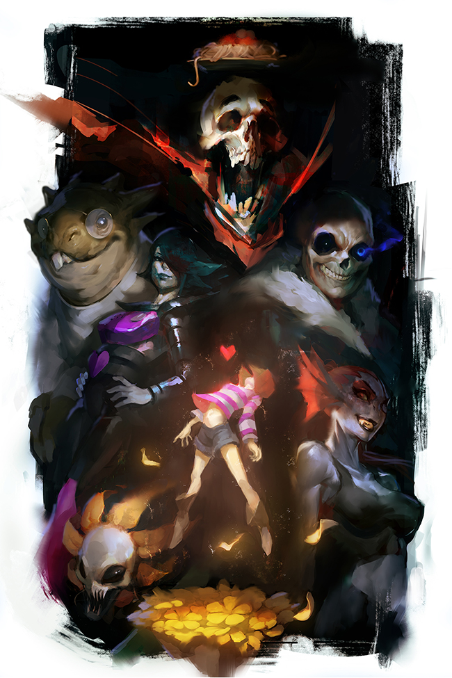 1other 2girls 3boys alphys androgynous breasts commentary cyborg flowey_(undertale) food frisk_(undertale) glasses glowing glowing_eye grin hair_over_one_eye heart jimbobox large_breasts meatball medium_breasts mettaton mettaton_ex monster_girl multiple_boys multiple_girls muscular muscular_female papyrus_(undertale) pasta realistic round_eyewear sans_(undertale) shorts skull smile spaghetti tank_top toned undertale undyne