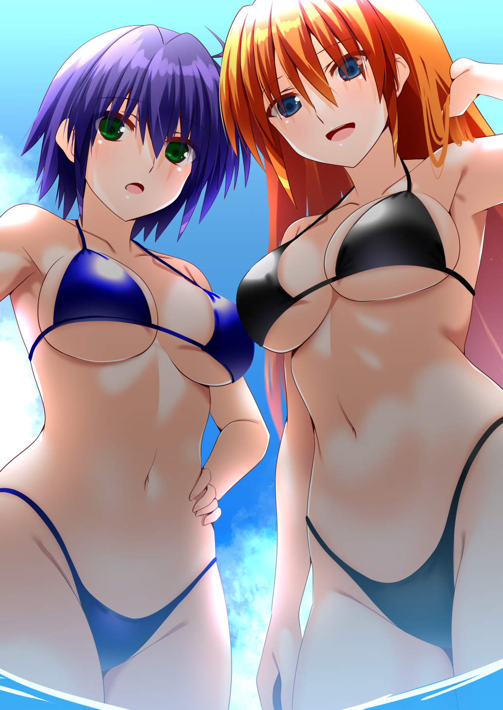 2girls bikini black_bikini blue_bikini blue_eyes breasts collarbone commentary_request commission engo_(aquawatery) green_eyes hand_on_own_hip highres large_breasts long_hair lyrical_nanoha mahou_shoujo_lyrical_nanoha_strikers multiple_girls navel orange_eyes pixiv_commission purple_hair smile subaru_nakajima swimsuit teana_lanster thong_bikini wading water