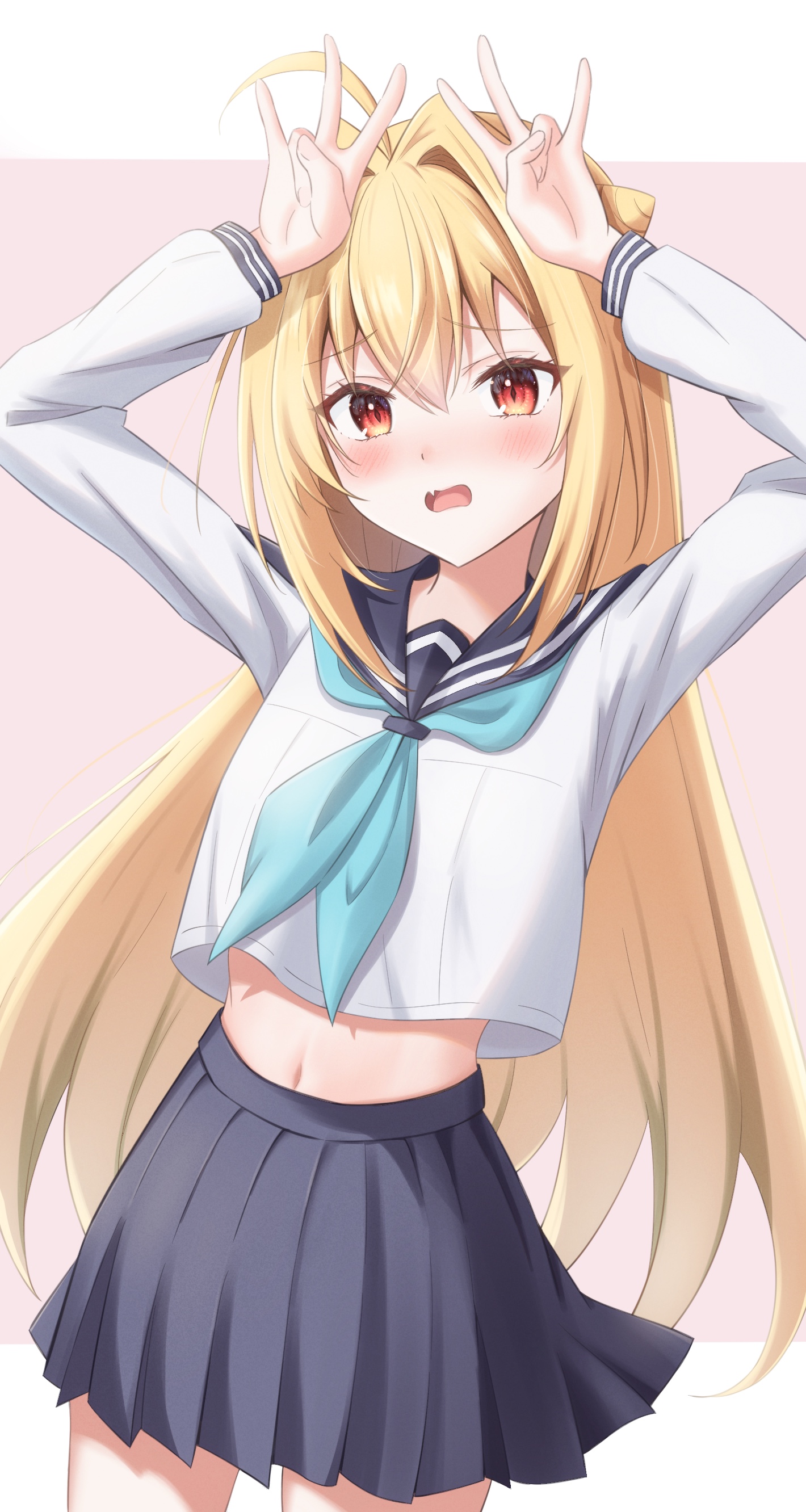 1girl absurdres ahoge alternate_costume aqua_neckerchief black_sailor_collar black_skirt blonde_hair blush commentary cone_hair_bun cowboy_shot dancing double_bun embarrassed eyelashes fang furrowed_brow hair_between_eyes hair_bun hair_intakes highres hikikomari_kyuuketsuki_no_monmon koshi_torako long_hair long_sleeves looking_at_viewer midriff miniskirt miyuki_kotori navel neckerchief open_mouth parody pink_background pleated_skirt red_eyes sailor_collar school_uniform serafuku shikanoko_nokonoko_koshitantan shirt sidelocks simple_background skin_fang skirt slit_pupils solo straight_hair terakomari_gandezblood very_long_hair white_shirt