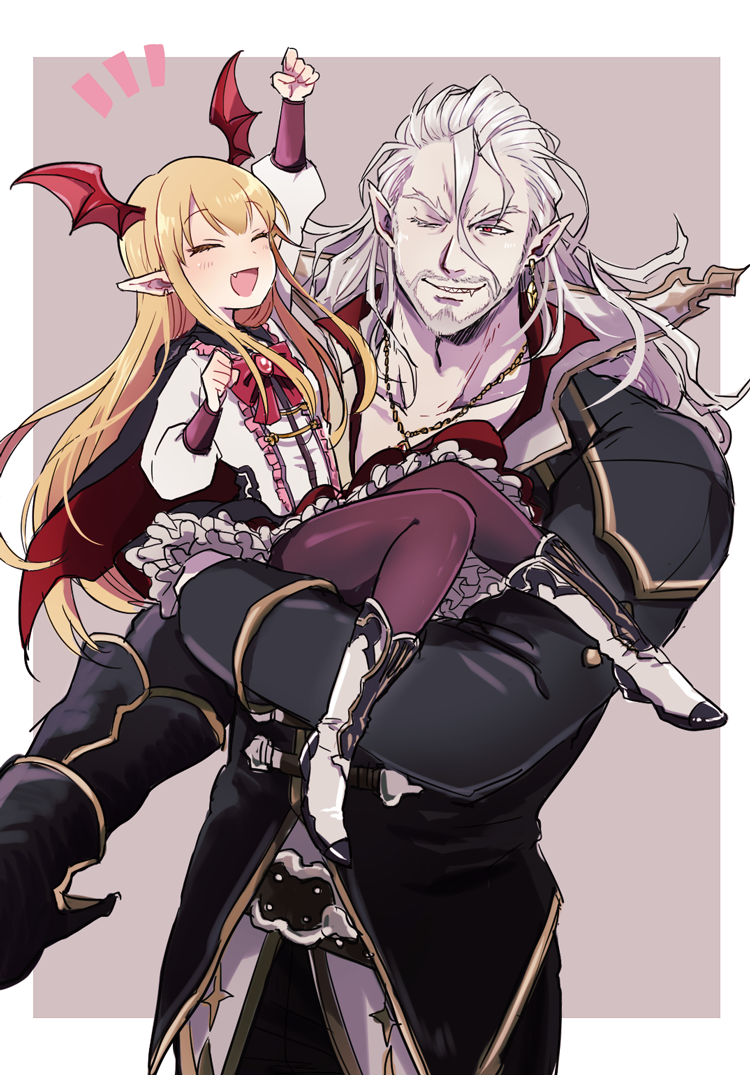 10s 1boy 1girl 50yen_(gojiue) bat_wings beard blonde_hair boots bow commentary_request earrings facial_hair fang frilled_skirt frills granblue_fantasy head_wings jewelry long_hair long_sleeves necklace open_mouth pale_skin pointy_ears red_bow red_eyes shadowverse shingeki_no_bahamut shirt silver_hair skirt smile urias_(shadowverse) vampire vampy wings