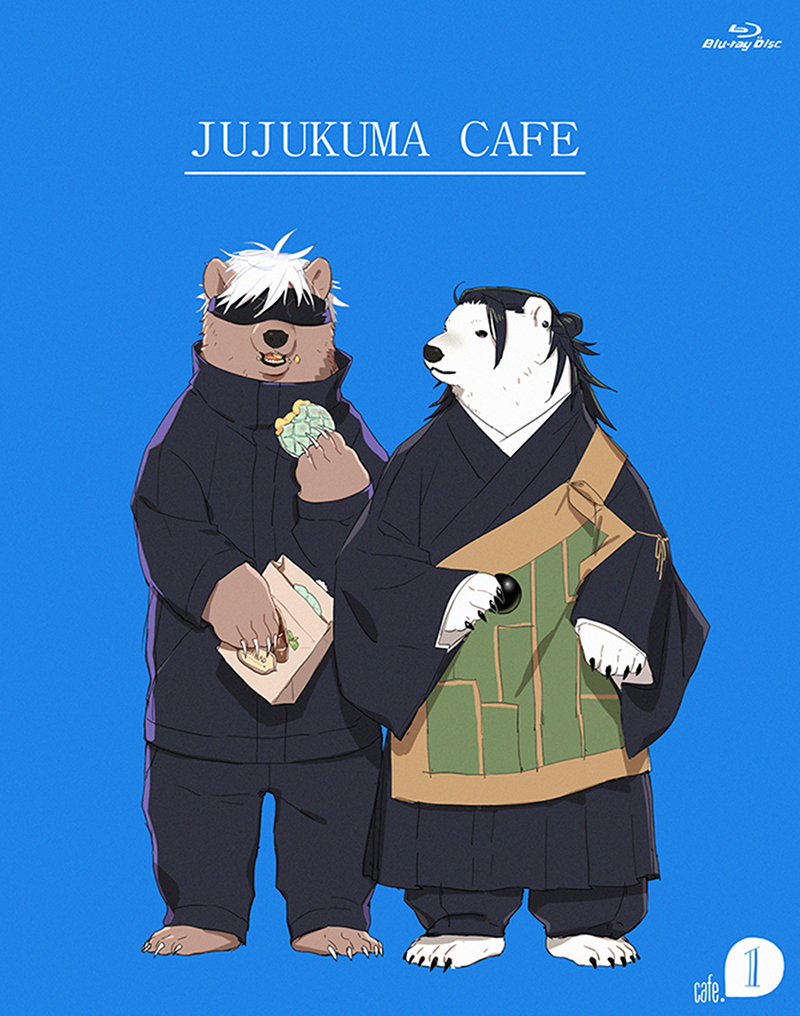 2boys animalization bear black_hair black_jacket black_pants black_robe blindfold blu-ray_logo blurry blurry_background brown_fur cosplay crumbs eating getou_suguru getou_suguru_(cosplay) gojou_satoru gojou_satoru_(cosplay) grizzly_(shirokuma_cafe) holding holding_orb holding_pastry_bag jacket jujutsu_kaisen logo multiple_boys nonockha pants pastry_bag polar_bear robe shirokuma_(shirokuma_cafe) shirokuma_cafe simple_background standing white_fur white_hair