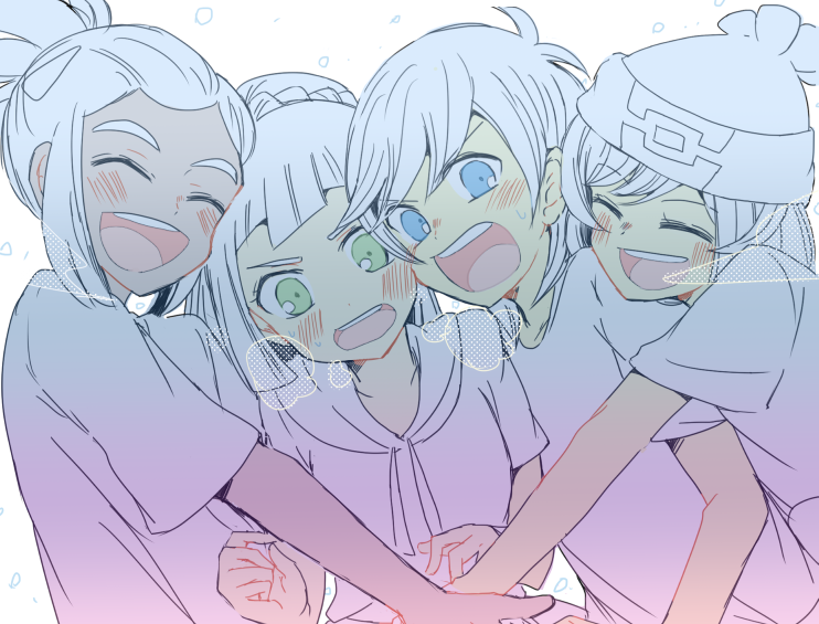 2boys 2girls blush elio_(pokemon) hau_(pokemon) hug lillie_(pokemon) multiple_boys multiple_girls nintendo npc_trainer player_character pokemon pokemon_sm selene_(pokemon) tagme yoshiiiika