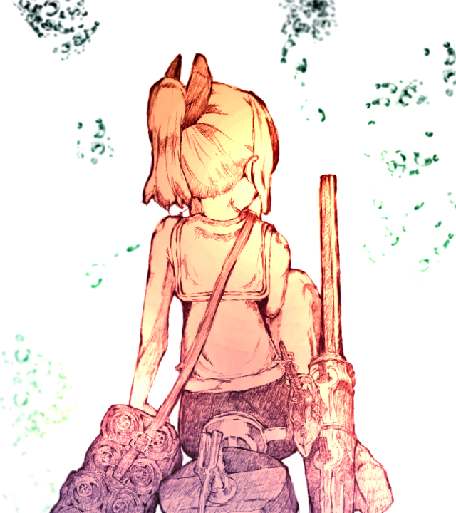 10s 1girl bag cannon female_focus from_behind gradient_filter gurin33 i-401_(kancolle) kantai_collection mecha_musume monochrome ponytail shoulder_bag sketch solo white_background