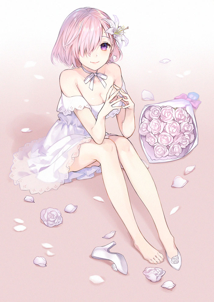 1girl bare_shoulders blush bouquet breasts cleavage fate/grand_order fate_(series) flower hair_flower hair_ornament hair_over_one_eye kaguyuzu large_breasts light_purple_hair looking_at_viewer mash_kyrielight mash_kyrielight_(formal_dress) official_alternate_costume purple_eyes shoes unworn_shoes short_hair sitting smile solo