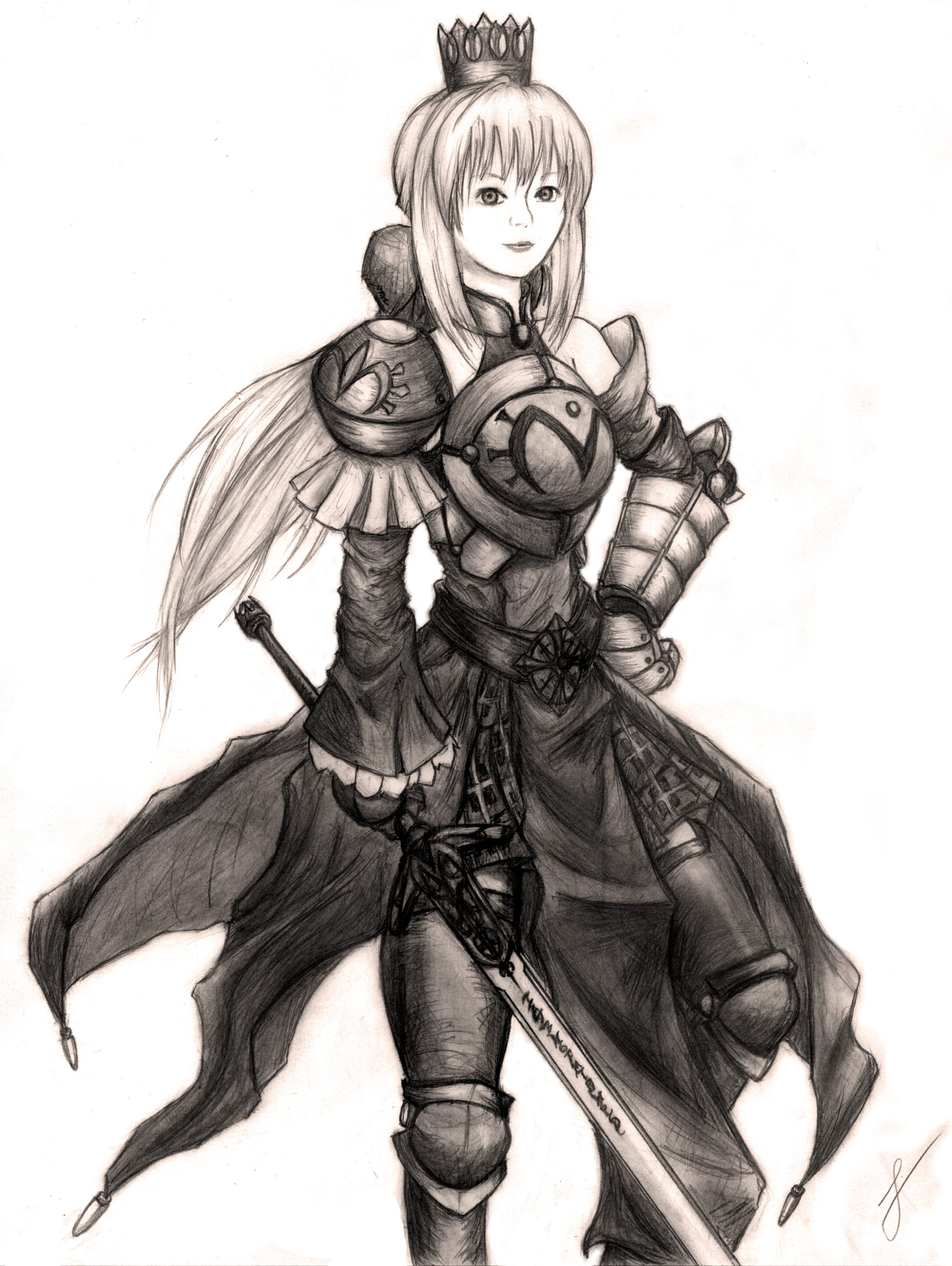1girl absurdres alternate_costume armor artoria_pendragon_(fate) asymmetrical_armor breastplate breasts closed_mouth cosplay cowboy_shot crown dazzle_(shinkonryu) fate_(series) female_focus gauntlets greaves highres holding holding_sword holding_weapon knee_pads large_breasts long_hair looking_at_viewer maridah maridah_(dazzle) monochrome original saber_(fate) saber_(fate)_(cosplay) simple_background smile solo standing sword unsheathed weapon white_background wide_sleeves