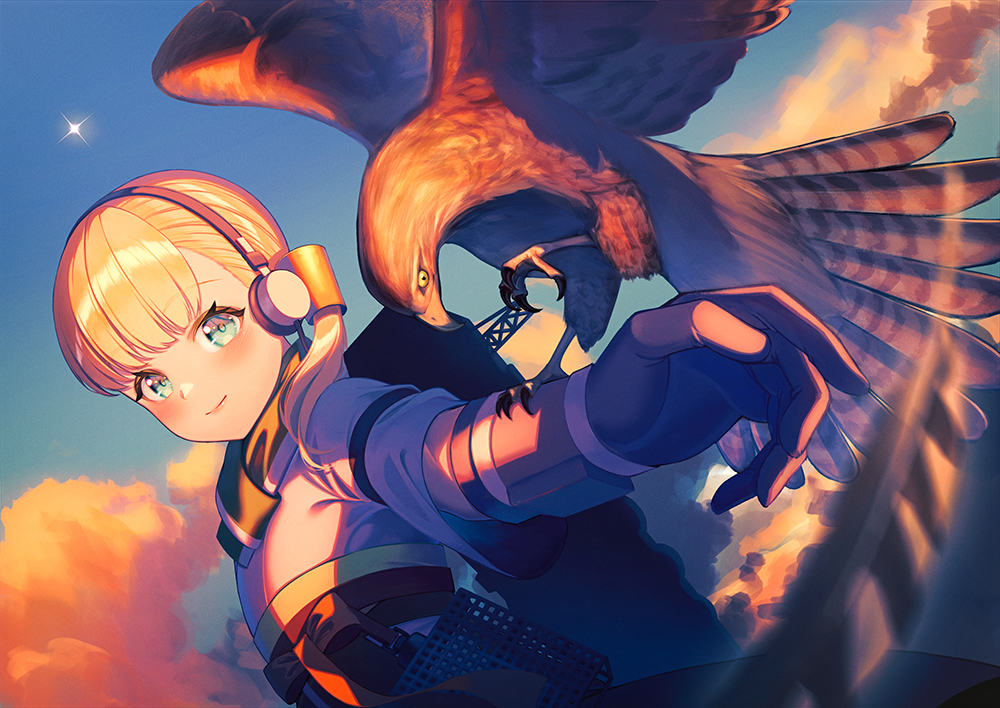 1girl animal animal_on_arm bird bird_on_arm black_gloves blonde_hair blue_eyes blunt_bangs blush closed_mouth dougi feathers gloves hair_ornament hawk headphones japanese_clothes kantai_collection light_smile shin&#039;you_(kancolle) short_hair sky solo unowen upper_body