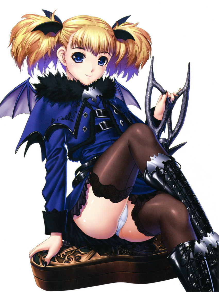 1girl arm_support bat_(animal) bat_hair_ornament bat_wings belt black_boots black_nails black_thighhighs blonde_hair blue_eyes blush boots buckle capelet casper casper_(cosplay) casper_(deathsmiles) casper_(deathsmiles)_(cosplay) cave_(developer) closed_mouth company_connection cosplay cropped_jacket crossed_legs deathsmiles dress female_focus fingernails flat_chest floral_print flower frilled_dress frills from_side fur_trim gem gothic_lolita hair_ornament holding instant_brain instrument_case iruma_kamiri jacket knee_boots knee_up lace lace-trimmed_legwear lace-up_boots lace_trim light_smile lolita_fashion long_fingernails long_sleeves looking_at_viewer mini_wings multiple_belts nail_polish official_art panties pantyshot rose scan scissors short_dress short_hair short_twintails simple_background sitting skull sleeve_cuffs smile solo thighhighs twintails underwear upskirt weapon white_background white_panties wings yatsuhisha_kirin
