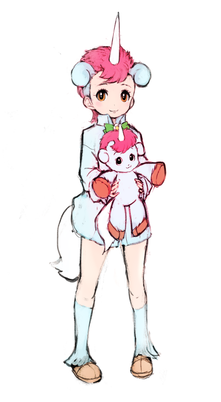 1girl animal_ears bow bowtie brown_eyes closed_mouth extra_ears horns ise_(0425) kemono_friends looking_at_viewer pink_hair shirt shoes short_hair simple_background smile socks tail unico unico_(character) unico_(kemono_friends) unicorn_girl