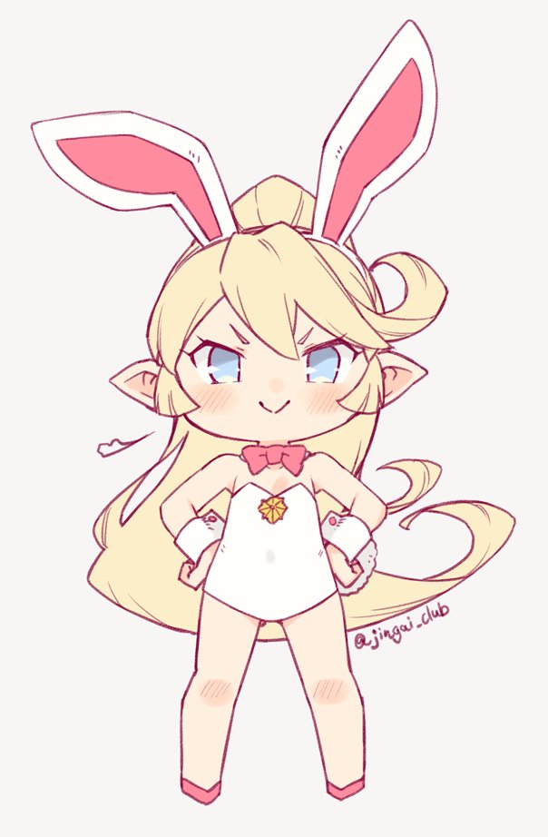 1girl animal_ears bare_shoulders blonde_hair blue_eyes blush bow bowtie charlotta_(granblue_fantasy) doyagao fake_animal_ears flat_chest granblue_fantasy harvin jingai_modoki leotard long_hair looking_at_viewer playboy_bunny pointy_ears rabbit_ears simple_background smile smug solo very_long_hair white_background white_leotard wrist_cuffs
