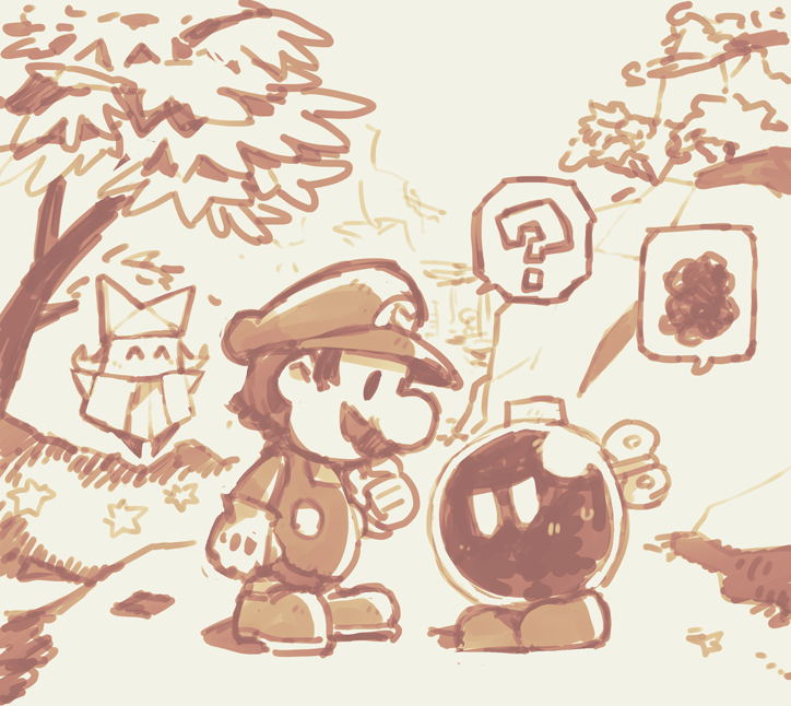 ? ^_^ big_nose bobby_(paper_mario) bush buttons newsboy_cap clenched_hand closed_eyes day facial_hair floating gloves greyscale hand_on_own_chin happy hat light_blush long_hair long_sleeves looking_at_another mario mario_(series) monochrome mountain mustache nervous nintendo olivia_(paper_mario) origami outdoors overalls paper_mario paper_mario:_the_origami_king paper_mario_(character) rokuyontarou shadow shirt shoes short_hair solid_oval_eyes spoken_question_mark spoken_squiggle squiggle standing star_(symbol) sweatdrop tree v-shaped_eyes