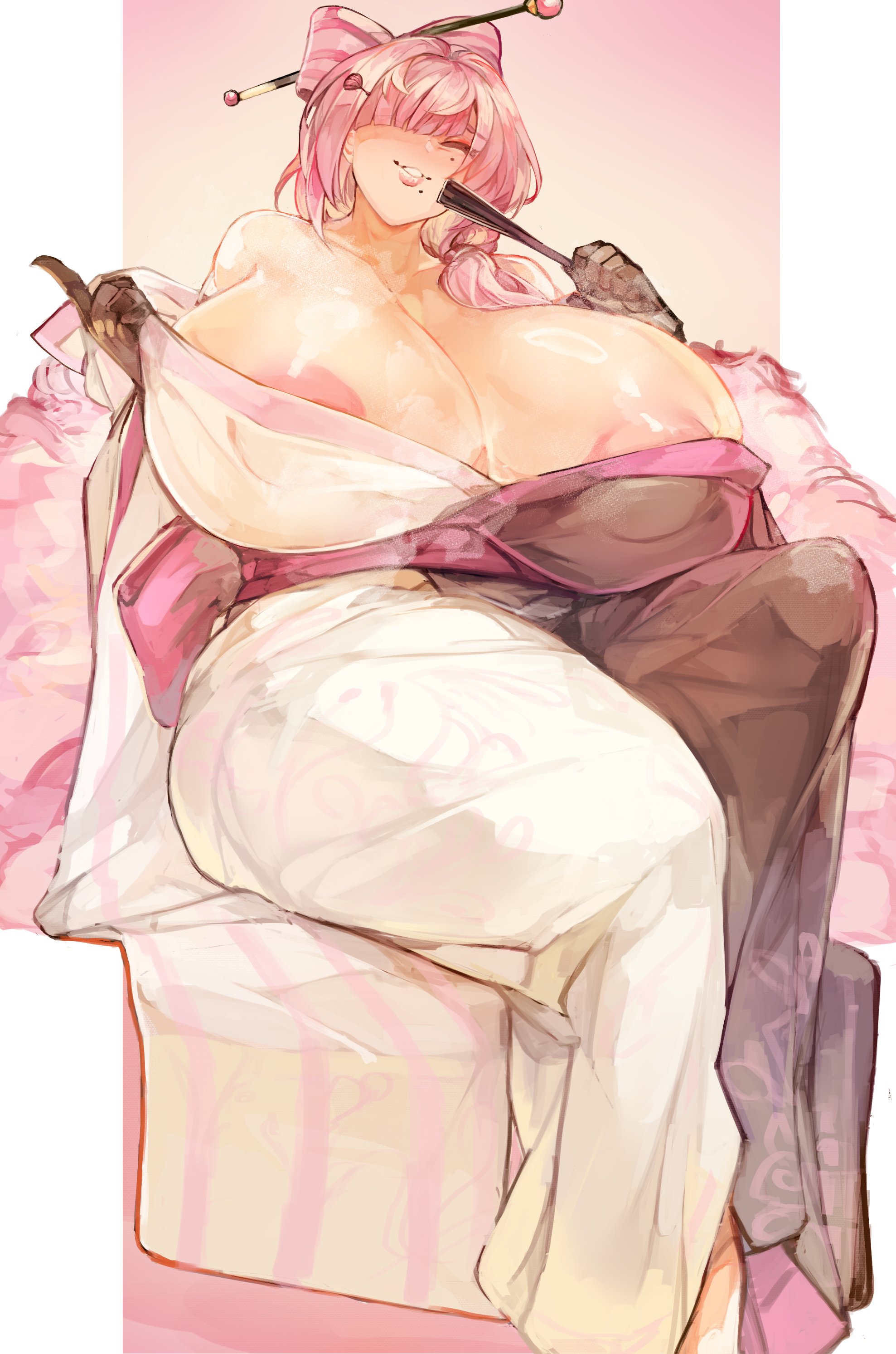 1girl absurdres areola_slip black_gloves bow breasts cleavage closed_eyes fan_to_mouth folded_fan folding_fan gloves hair_bow hair_ornament hair_over_one_eye hair_stick hand_fan highres huge_breasts indie_virtual_youtuber japanese_clothes kimono kimono_pull kurameki_kyou larribee lips mature_female mole mole_under_eye mole_under_mouth obi off-shoulder_kimono off_shoulder one_eye_covered pink_hair pink_hair_bow pinky_out sash sitting smile solo virtual_youtuber wtgn_grim