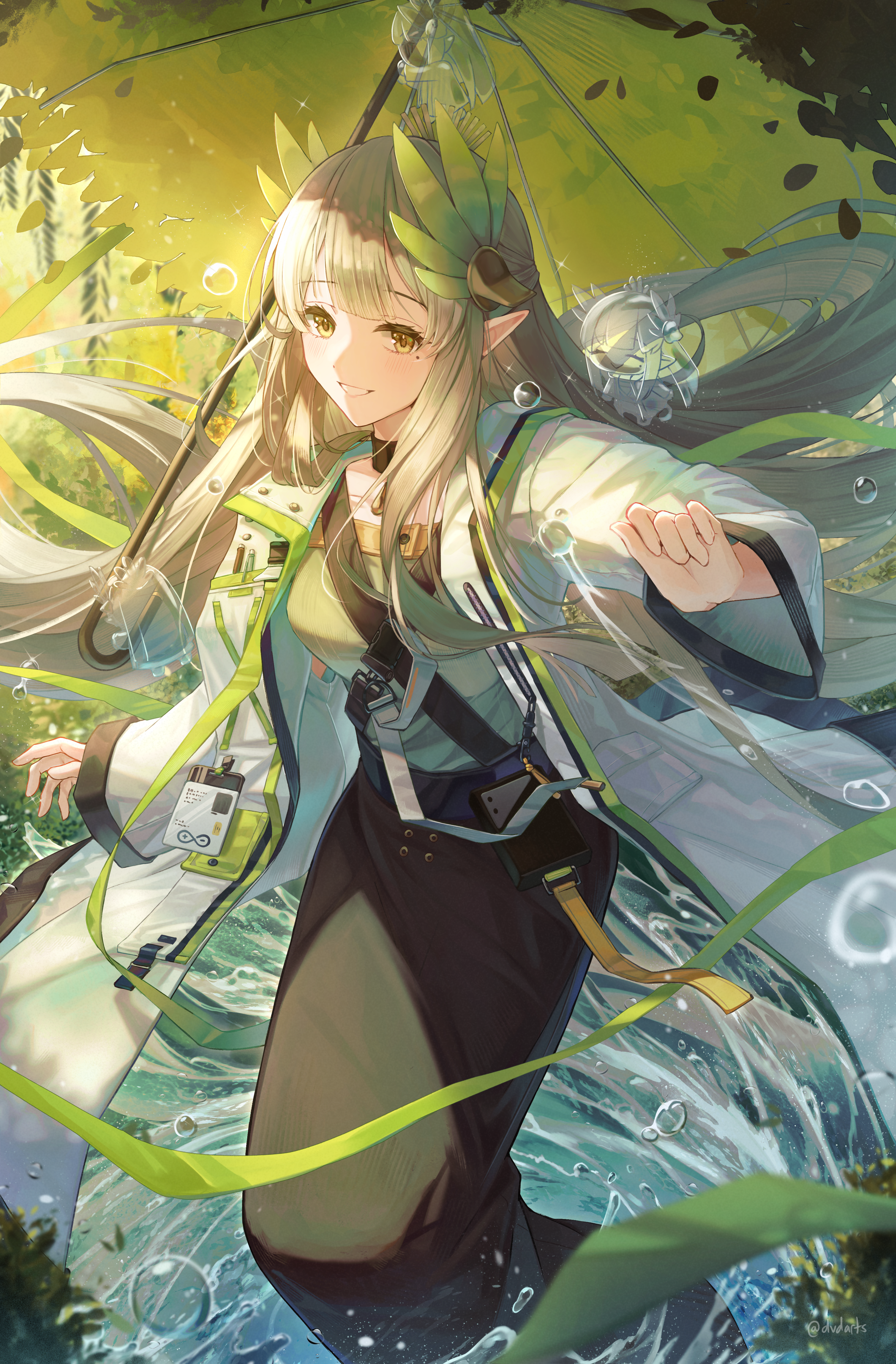 1girl absurdres arknights black_choker black_skirt brown_eyes brown_hair choker coat collarbone colored_skin commentary dvdarts green_skin highres id_card long_hair long_skirt long_sleeves mole mole_under_eye muelsyse_(arknights) open_clothes open_coat pointy_ears skirt smile solo teeth umbrella water white_coat