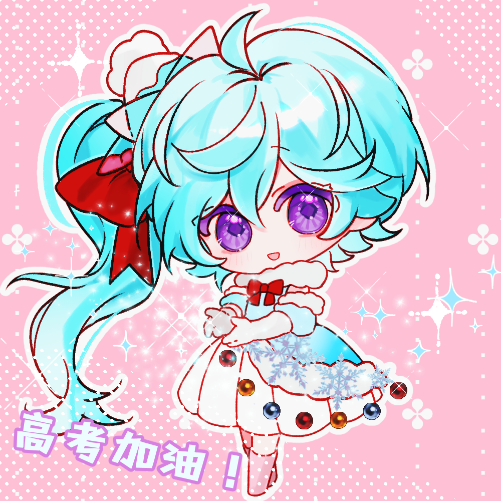 1girl :d absurdly_long_hair ahoge blue_dress blue_hair blue_hat boots bow bowtie chinese_commentary chinese_text colored_eyelashes commentary_request cupping_hands double-parted_bangs dress elbow_gloves full_body fur-trimmed_dress fur_trim gloves hair_between_eyes hair_bow hat hat_tip high_side_ponytail knee_boots long_hair long_skirt missile_toe_(plants_vs._zombies) open_mouth outline own_hands_together personification pink_background pink_boots plants_vs._zombies plants_vs._zombies_2 polka_dot polka_dot_background puffy_short_sleeves puffy_sleeves purple_eyes red_bow red_bowtie short_sleeves siiiiiiiiiii simple_background skirt sleeveless sleeveless_dress smile solo sparkle standing translation_request very_long_hair white_gloves white_outline white_skirt