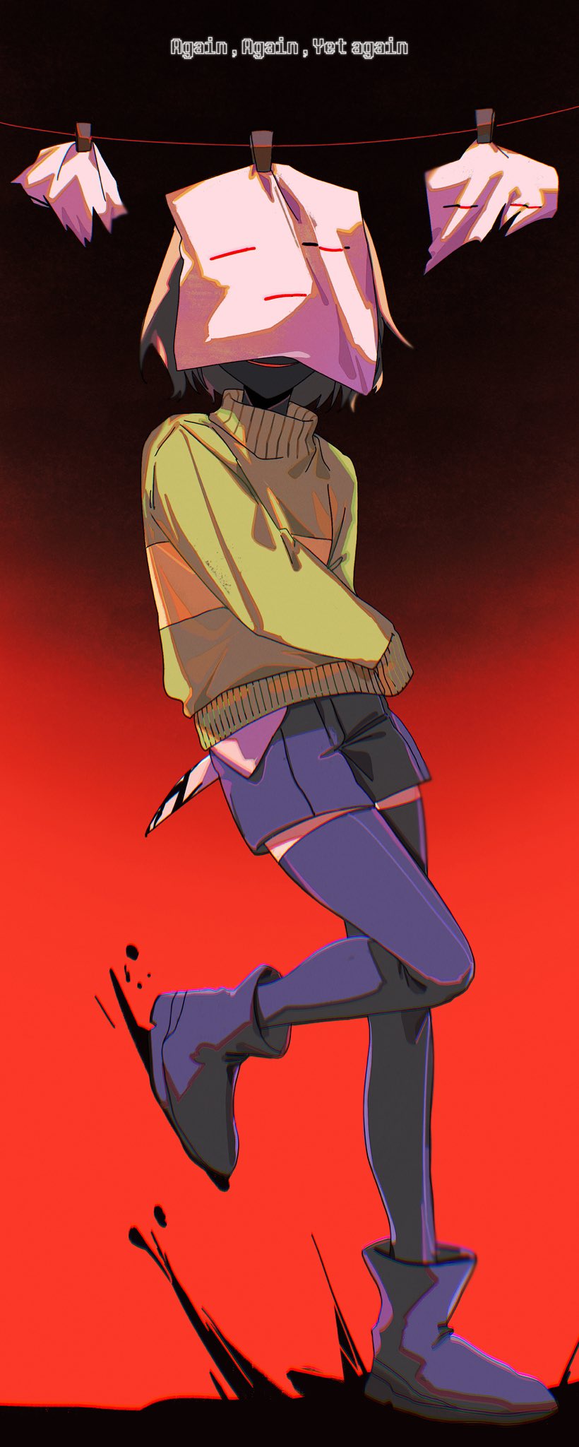 1other ankle_boots arm_behind_back black_background black_blood black_boots black_shorts black_thighhighs blood boots brown_hair chara_(undertale) choco_rabbitt chromatic_aberration closed_mouth english_text facing_viewer film_grain full_body gradient_background green_sweater hand_on_own_opposite_hip hashtag-only_commentary highres holding holding_knife knife long_sleeves other_focus paper pool_of_blood puffy_long_sleeves puffy_sleeves red_background short_hair short_shorts shorts simple_background smile solo standing standing_on_one_leg striped_clothes striped_sweater sweater thighhighs turtleneck turtleneck_sweater two-tone_sweater undertale yellow_sweater