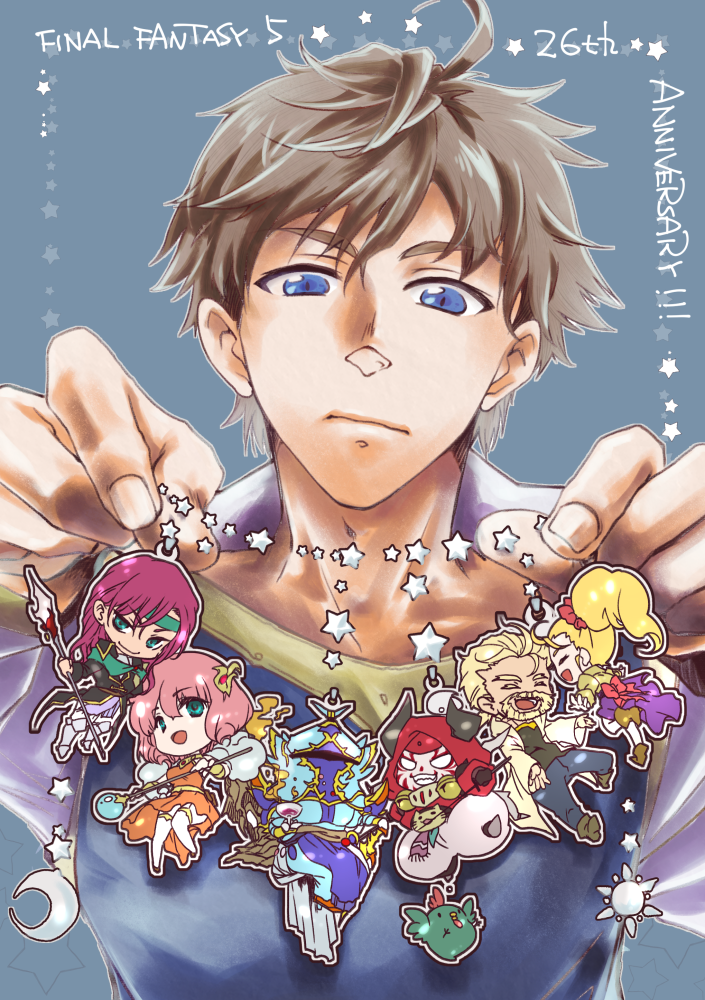 3girls 4boys alcohol anniversary armor beard blue_eyes brown_hair bartz_klauser choker cup dress drinking_glass earrings exdeath facial_hair faris_scherwiz final_fantasy final_fantasy_v galuf_halm_baldesion gilgamesh_(final_fantasy) green_eyes grey_hair headband jewelry krile_mayer_baldesion_(ff5) lenna_charlotte_tycoon magnetic moon_(ornament) multiple_boys multiple_girls necklace pink_hair polearm ponytail purple_hair red_ribbon ribbon smile spear staff star_(symbol) sun_symbol weapon wine wine_glass