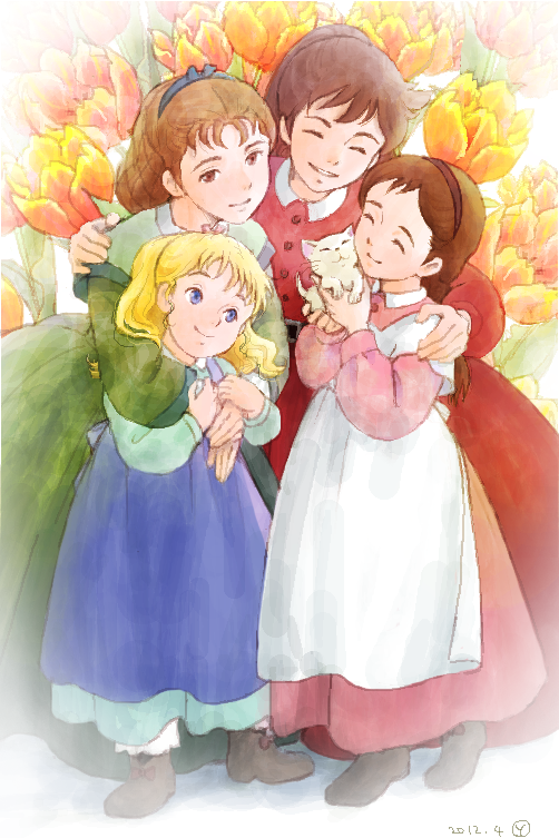 10s 2012 4girls ai_no_wakakusa_monogatari amy_march cat elizabeth_march closed_eyes family flower hair_net hairband hug josephine_march margaret_march multiple_girls nippon_animation retro_artstyle sakai_yume siblings sisters tulip world_masterpiece_theater