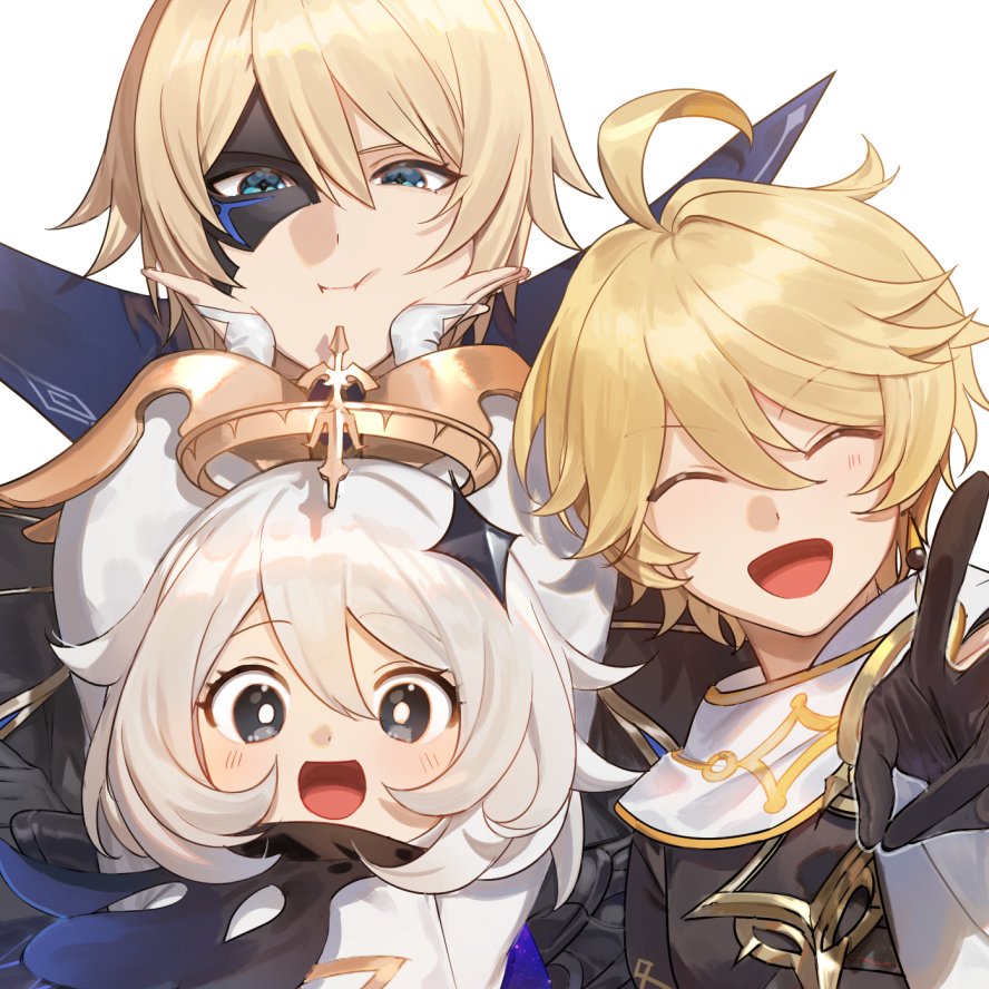 1girl 2boys aether_(genshin_impact) ahoge aqua_eyes arms_up black_cape black_eyes black_gloves black_mask black_scarf black_shirt blonde_hair blue_cape blush cape closed_eyes closed_mouth commentary_request crystal_hair_ornament dainsleif_(genshin_impact) diamond-shaped_pupils diamond_(shape) earrings genshin_impact gloves gold_trim hair_between_eyes hair_ornament half_mask halo hands_on_another&#039;s_face jewelry long_sleeves looking_at_viewer mask mechanical_halo moemoenomori multiple_boys open_mouth paimon_(genshin_impact) puffy_long_sleeves puffy_sleeves romper scarf shirt short_hair short_sleeves simple_background single_earring smile starry_sky_print symbol-shaped_pupils two-sided_cape two-sided_fabric upper_body v white_background white_hair white_romper white_scarf