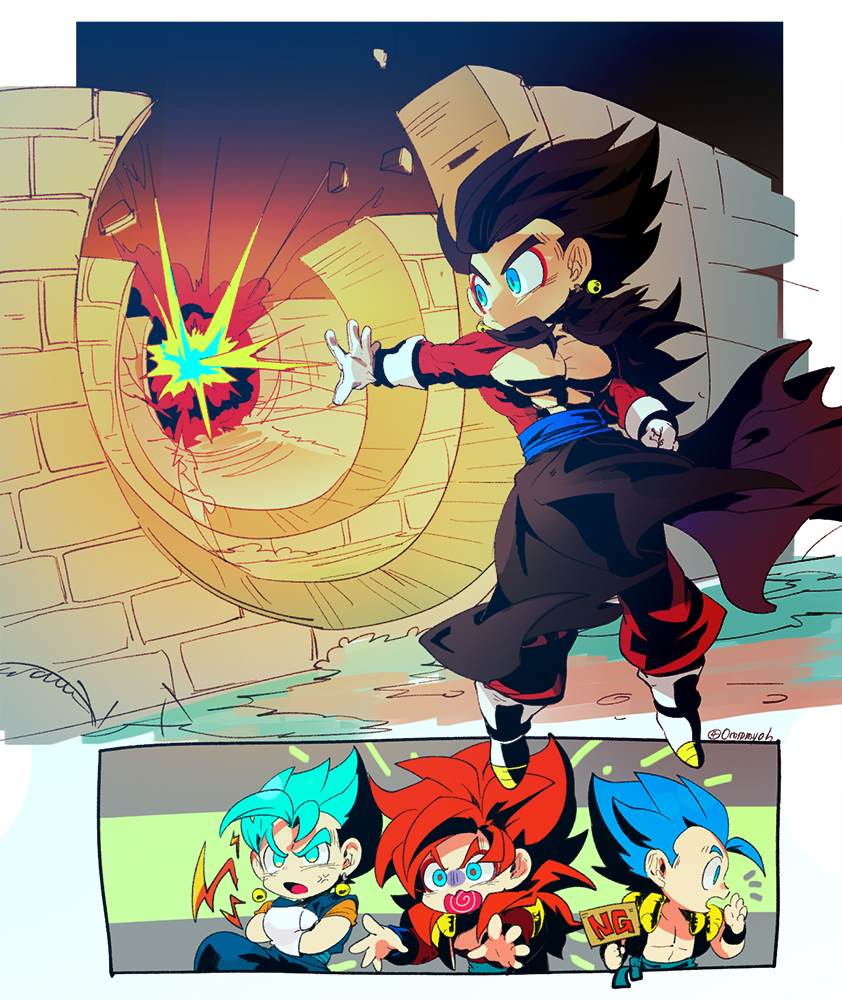 black_hair blue_eyes blue_sash chibi closed_mouth dougi dragon_ball dragon_ball_gt dragon_ball_heroes dragon_ball_super dragon_ball_super_broly earrings gloves gogeta gogeta_(xeno) jewelry long_hair male_focus metamoran_vest monkey_boy monkey_tail multiple_boys muscular muscular_male ommmyoh open_mouth pants potara_earrings red_fur saiyan sash spiked_hair super_saiyan super_saiyan_4 super_saiyan_blue tail time_patrol_(dragon_ball) twitter_username vegetto vegetto_(xeno)