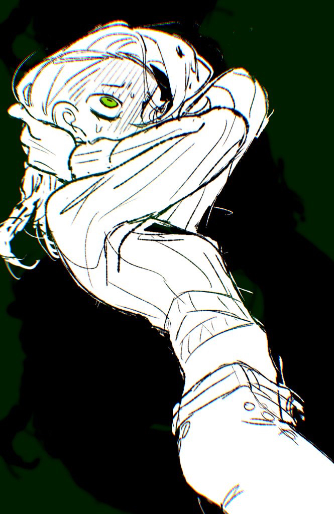 1boy belt c73an diavolo green_eyes greyscale_with_colored_background jojo_no_kimyou_na_bouken long_hair long_sleeves looking_ahead male_focus midriff nervous pants ribbed_sweater sketch solo sweater untying_hair vento_aureo vinegar_doppio
