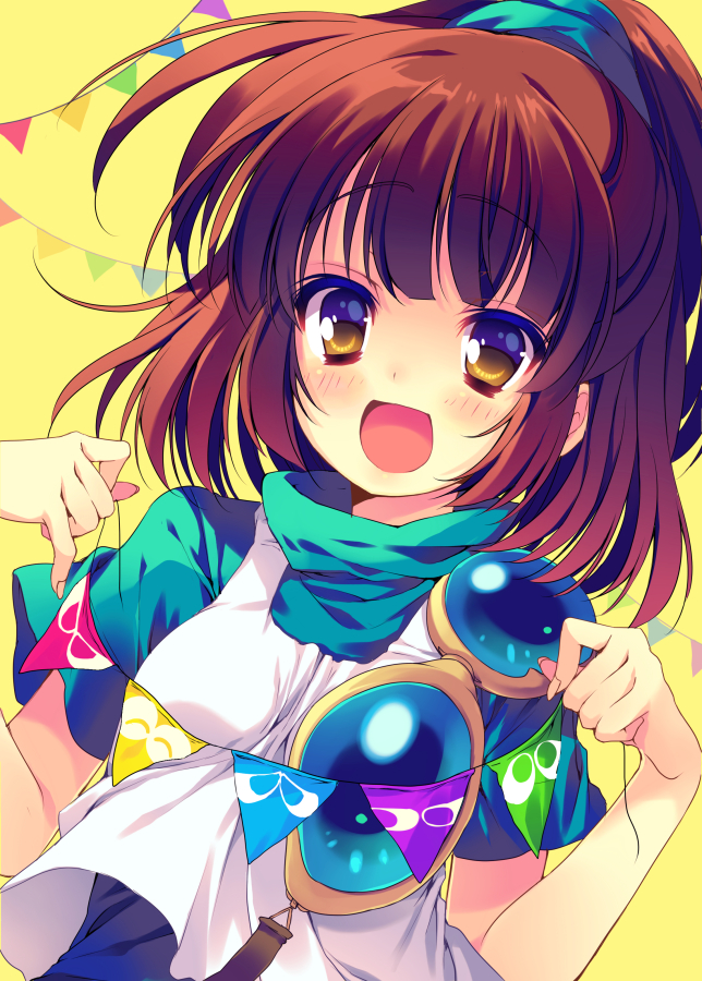 1girl :d arle_nadja bad_id brown_eyes brown_hair carbuncle_(puyopuyo) compile female_focus flag hair_ornament holding looking_at_viewer madou_monogatari open_mouth ponytail puyopuyo reia smile solo
