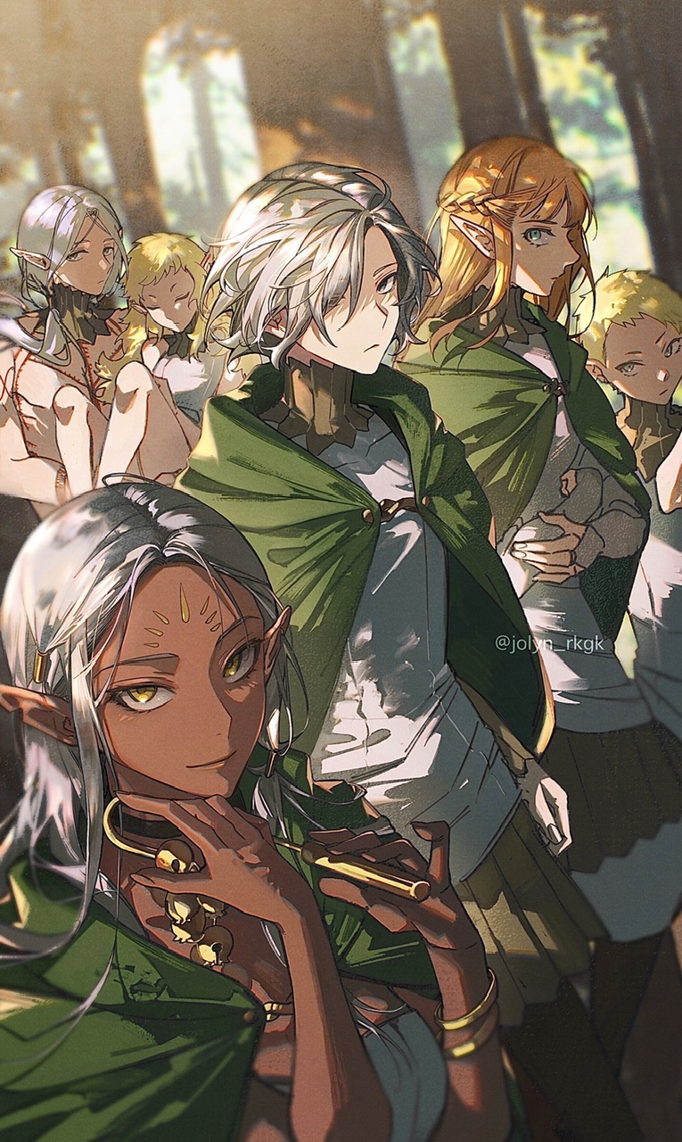 2_blankk 2boys 4girls bare_shoulders black_eyes blonde_hair blue_eyes braid carrying chest_tattoo choker cithis cloak closed_eyes dappled_sunlight dark-skinned_female dark_elf dark_skin dungeon_meshi elf facial_mark fleki forehead_mark forest gorget green_cloak green_eyes grey_hair hair_around_ear hair_over_one_eye highres hood hooded_cloak jewelry long_hair long_sleeves looking_at_viewer low_twintails lycion medium_hair mithrun multiple_boys multiple_girls nature notched_ear open_mouth otta_(dungeon_meshi) outdoors pattadol pointy_ears princess_carry shirt short_hair sunlight tattoo topless_male tree tunic twintails very_short_hair yellow_eyes