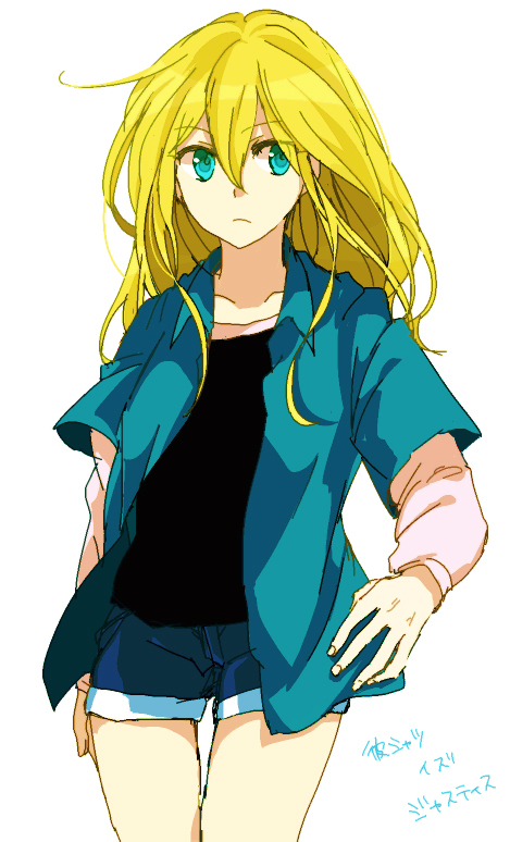 1girl ahoge alternate_costume aqua_eyes blonde_hair collarbone cowboy_shot denim denim_shorts female_focus fingernails jacket long_hair mermaid_swamp ningyo_numa shadow shorts simple_background solo translation_request tsukuda0310 white_background yamazaki_rin