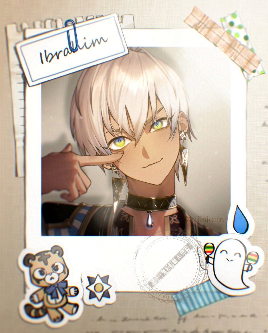 1boy antenna_hair artist_name black_choker black_vest blue_eyes blue_gemstone character_name choker closed_mouth commentary dark-skinned_male dark_skin earrings eyelid_pull gem gold_trim green_eyes hair_between_eyes hand_up ibrahim_(1st_costume)_(nijisanji) ibrahim_(nijisanji) jewelry male_focus multicolored_eyes nijisanji paper paperclip photo_(object) shion_(ajisionn) shirt short_hair smile solo sticker symbol-only_commentary tape triangle_earrings twitter_username two-tone_eyes upper_body v-shaped_eyebrows vest virtual_youtuber watermark white_hair