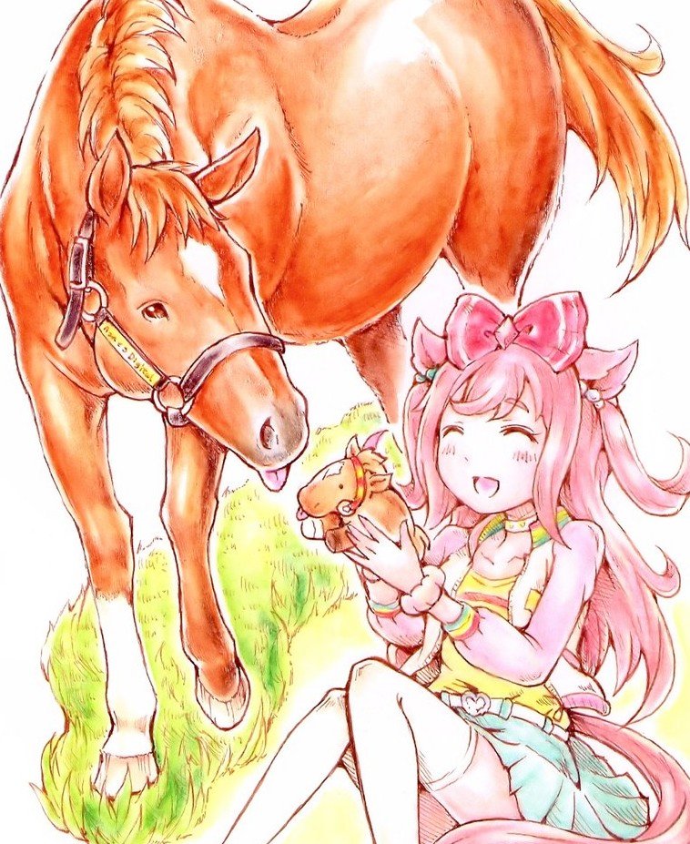 1girl agnes_digital_(racehorse) agnes_digital_(umamusume) aqua_skirt bow casual closed_eyes collarbone commentary_request creature_and_personification garyuu_ryuuga hair_bow horse long_hair long_sleeves on_grass outdoors personification pink_hair pleated_skirt real_life red_bow sidelocks skirt sleeveless sleeveless_jacket stuffed_animal stuffed_toy thighhighs tongue tongue_out two_side_up umamusume white_thighhighs