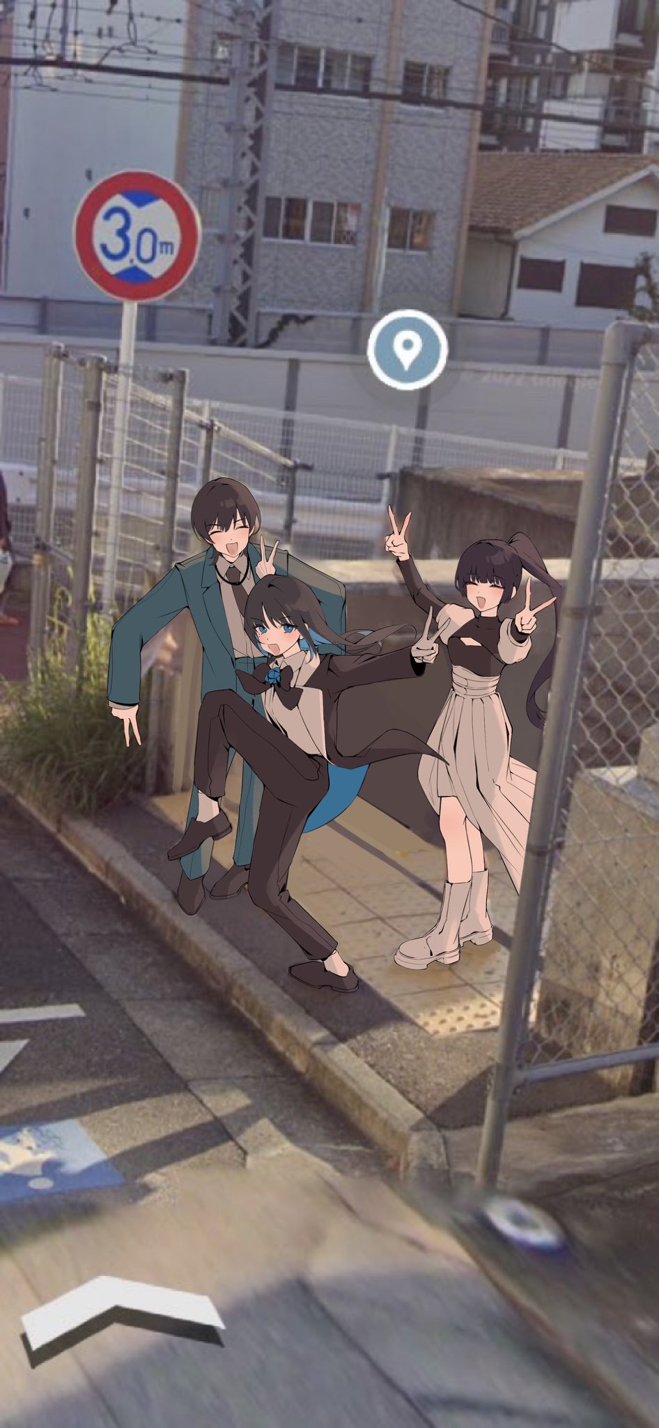 3girls ^_^ ado_(utaite) black_bow black_bowtie black_footwear black_hair black_necktie black_pants blue_eyes blue_hair blue_jacket boots bow bowtie chain-link_fence chando_(ado) closed_eyes collared_shirt colored_inner_hair commentary_request double_v fence gloves google_maps grey_footwear grey_gloves grey_shirt high_ponytail high_school_girls_posing_for_google_street_view_(meme) highres jacket jakusansei_(utaite) korean_commentary long_hair long_skirt long_sleeves looking_at_viewer meme multicolored_hair multiple_girls myao_(myaodayone) necktie open_clothes open_jacket open_mouth pants photo_background pleated_skirt ponytail shirt shoes short_hair sidewalk skirt smile standing standing_on_one_leg tactile_paving utaite v white_skirt yoshino_(utaite)
